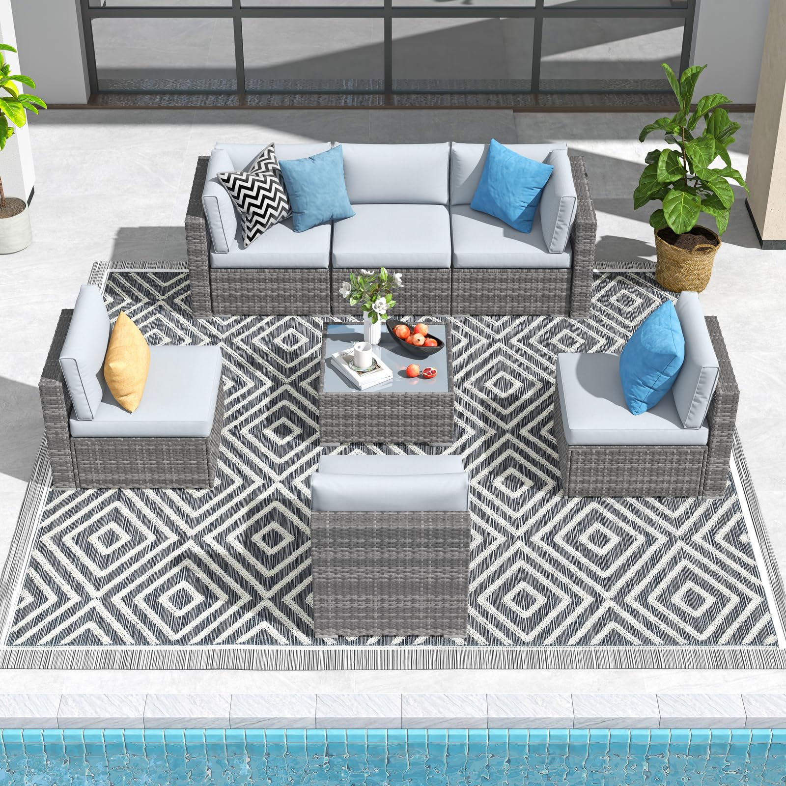 7-Piece All-Weather Outdoor Patio Furniture Set - Grey PE Wicker Rattan Sectional Sofa with Glass Table & Cushions - Perfect for Garden, Porch, Backyard and Poolside Relaxation