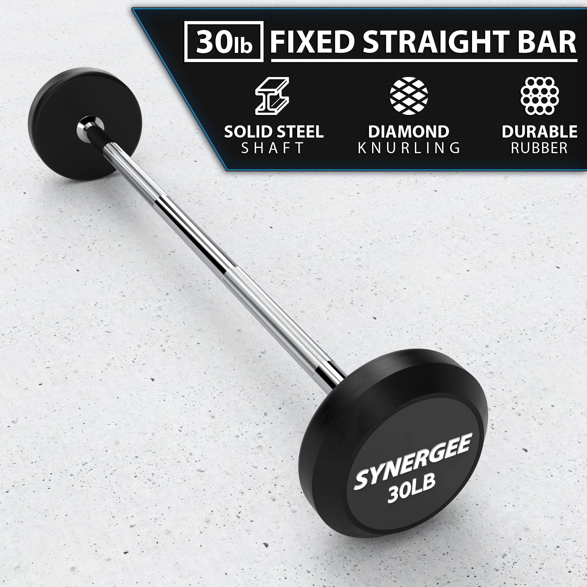 Synergee Fixed Barbell Pre-Weighted Straight Steel Bar with Rubber Weights - 15/20/30/40lb Options for Home Gym Strength Training & Weightlifting Workouts