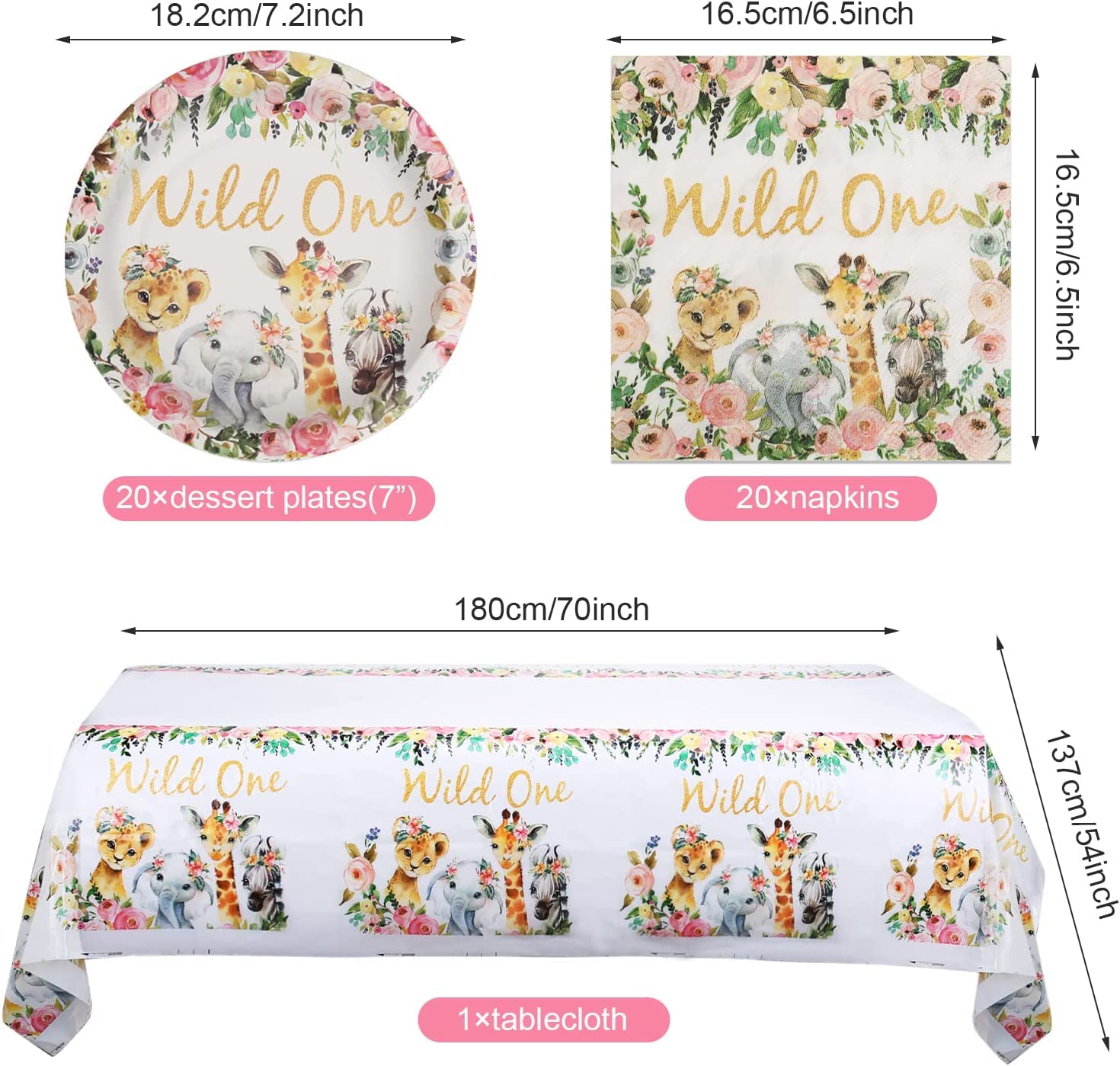 Wild One Birthday Party Supplies for Girls - 20 Paper Plates, 20 Napkins & Tablecloth - 1st Birthday Theme Decorations - Perfect for Wild One Themed Parties, Baby Showers & Gender Reveals