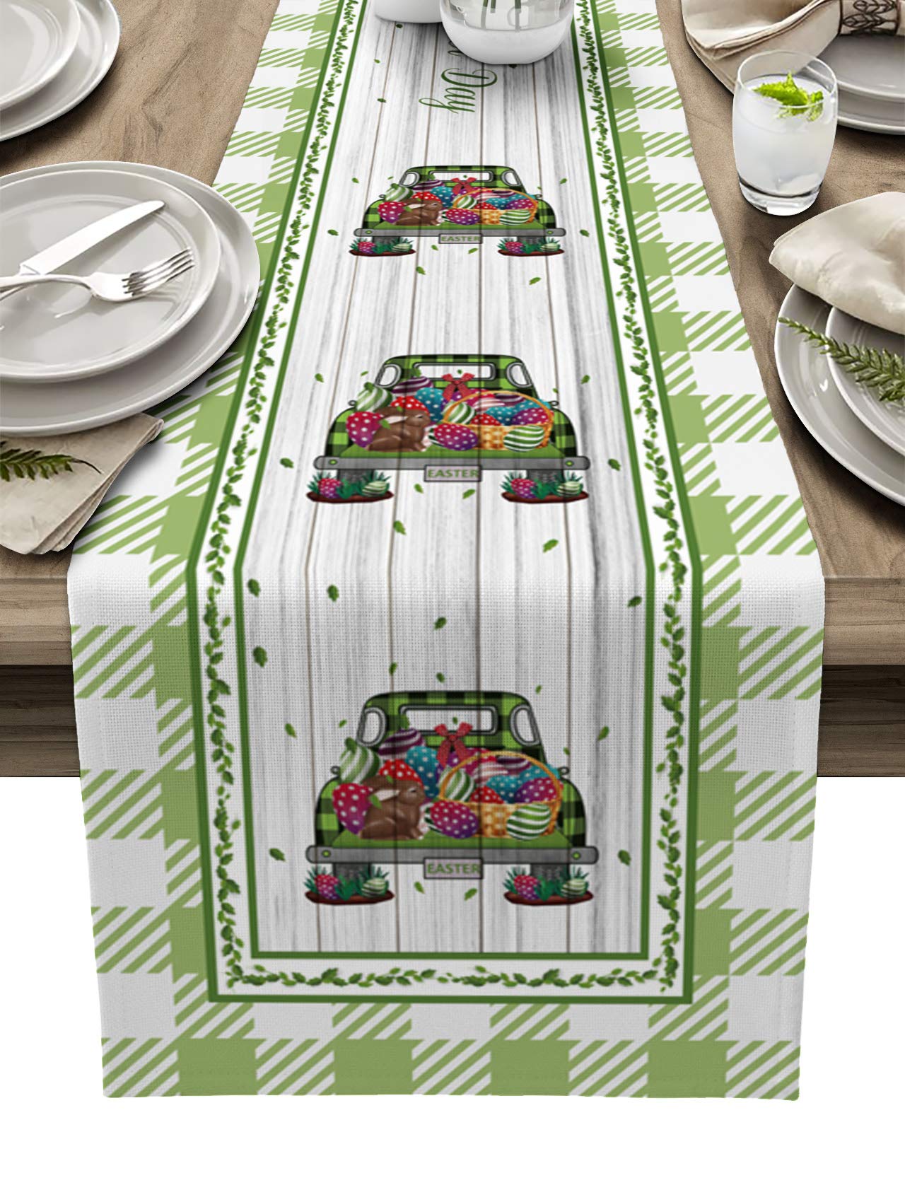 13x72 Inch Non-Slip Farmhouse Table Runner - Easter Bunny Truck Design with Wood Grain Leaf Border for Wedding, Party, Dining & Coffee Table Decor | Perfect for Spring Celebrations and Rustic Home Decor