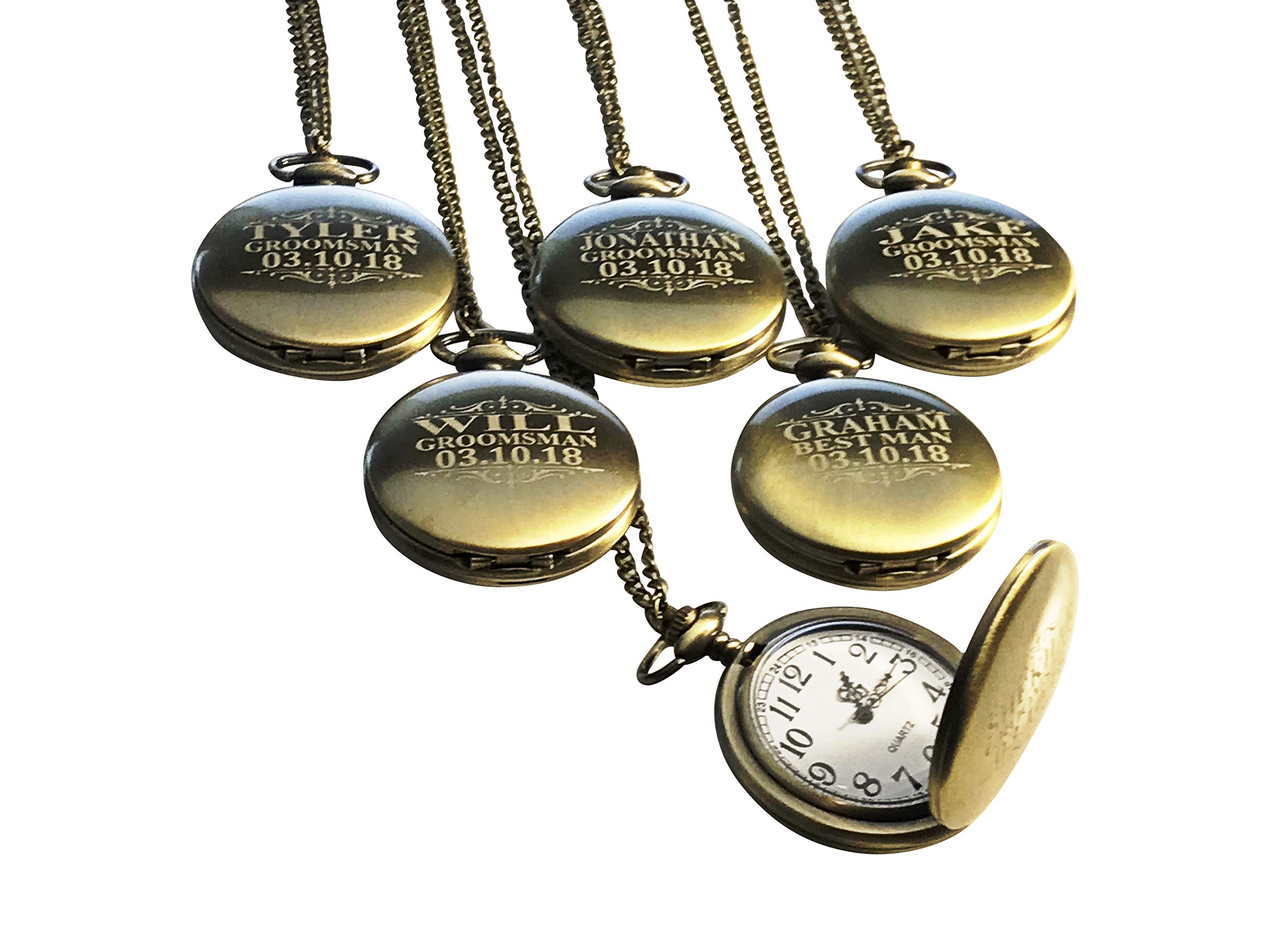 6 Custom Engraved Pocket Watches with Gift Box - Vintage Style, Battery Included, Buckle Chain & Free Engraving - 6-Piece Set (Assorted Colors) - Perfect for Weddings, Anniversaries & Graduation Gifts