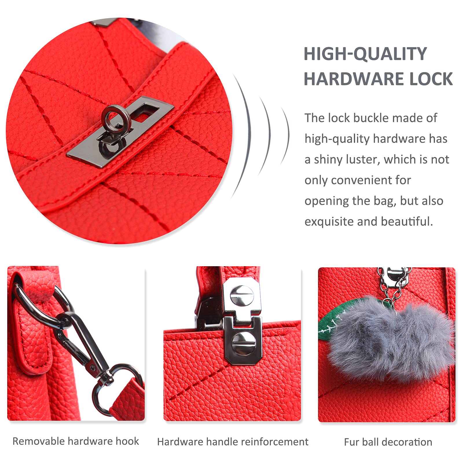 NICOLE & DORIS Women's Waterproof PU Leather Handbag - Stylish Messenger Tote Shoulder Bag with Pompom Pendant for Work, Travel & Daily Use (Scarlet)