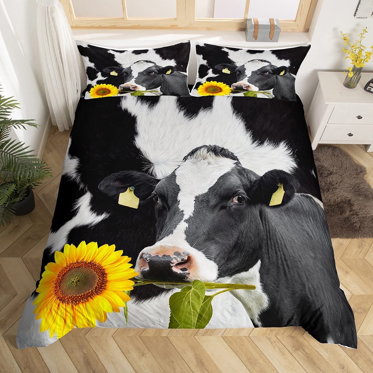 Sunflower Farmhouse Twin Duvet Cover Set - Black & White Cow Print Bedding with 1 Pillow Sham | Soft Animal Themed Comforter Cover for Kids & Boys | Perfect for Farmhouse Decor, Kids' Rooms & Cozy Bedrooms