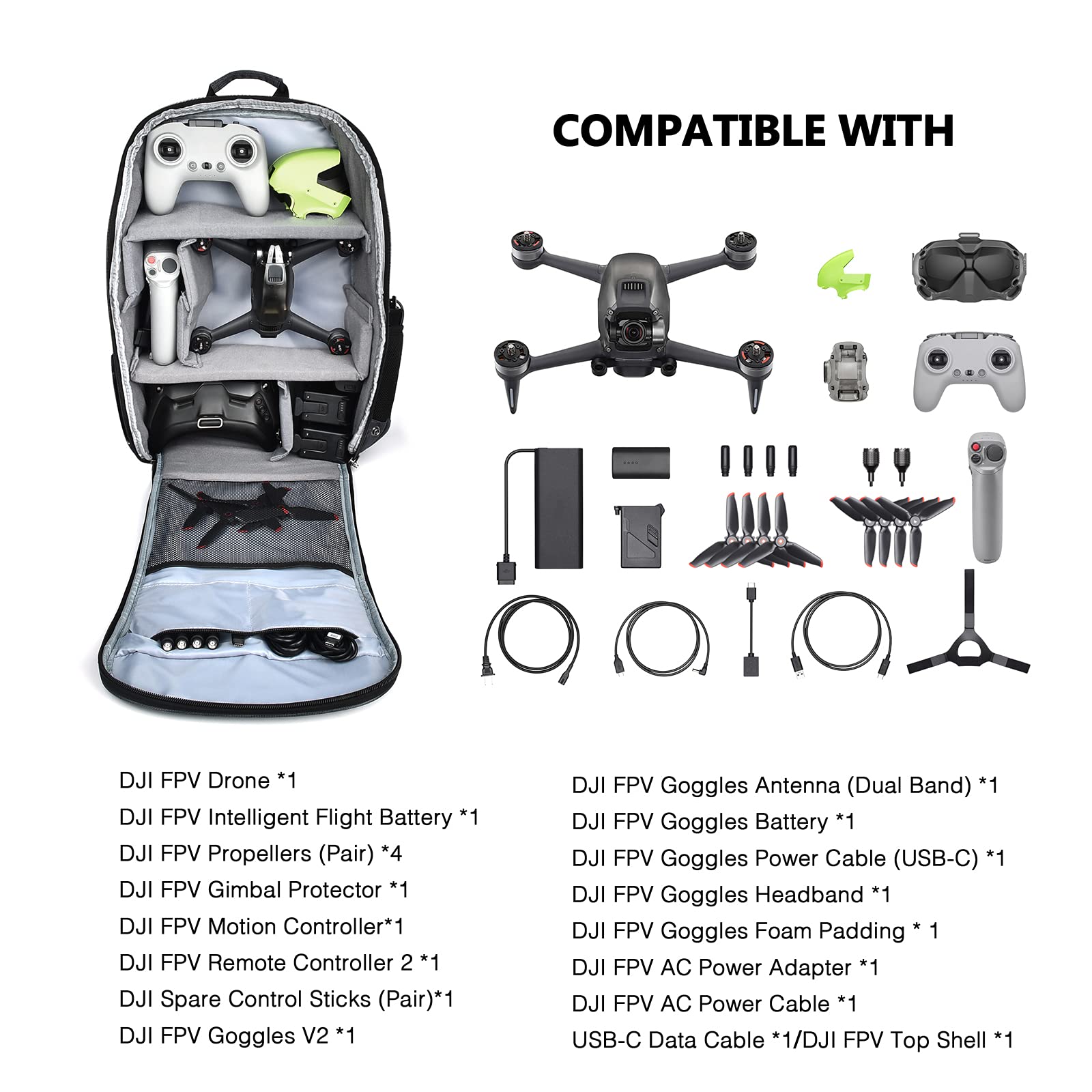 DJI FPV Drone Backpack - Waterproof & Foldable Shoulder Bag for DJI FPV Combo Accessories, Anti-Theft Case with Decompression Straps (Black) - Perfect for Travel, Hiking & Drone Photography Adventures