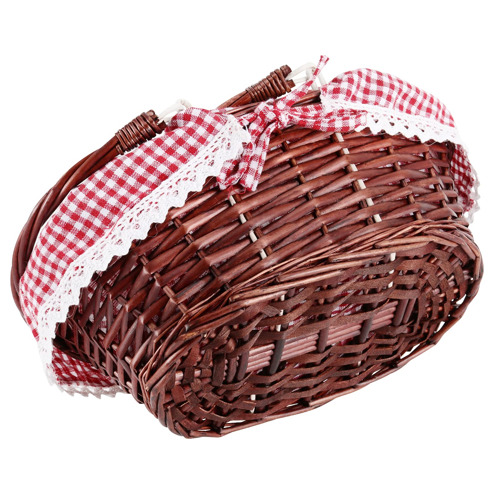 2 Pack Brown Wicker Easter Baskets - Handwoven Willow Storage Baskets with Double Folding Handles & Washable Gingham Liner - Perfect for Easter Egg Hunts, Candy Storage, Fruit Display, Toy Organization & Picnic Supplies