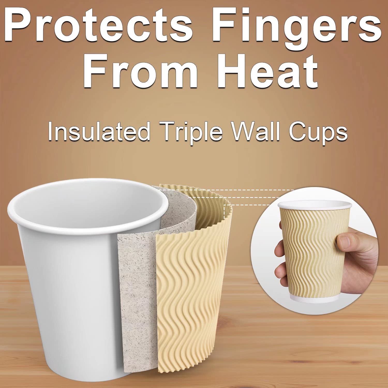 8 oz Disposable Insulated Coffee Cups - 100 Pack Brown Corrugated Ripple Wall Paper Hot Drink Cups for Coffee, Tea, Hot Chocolate - Perfect for Cafes, Offices, and Takeout