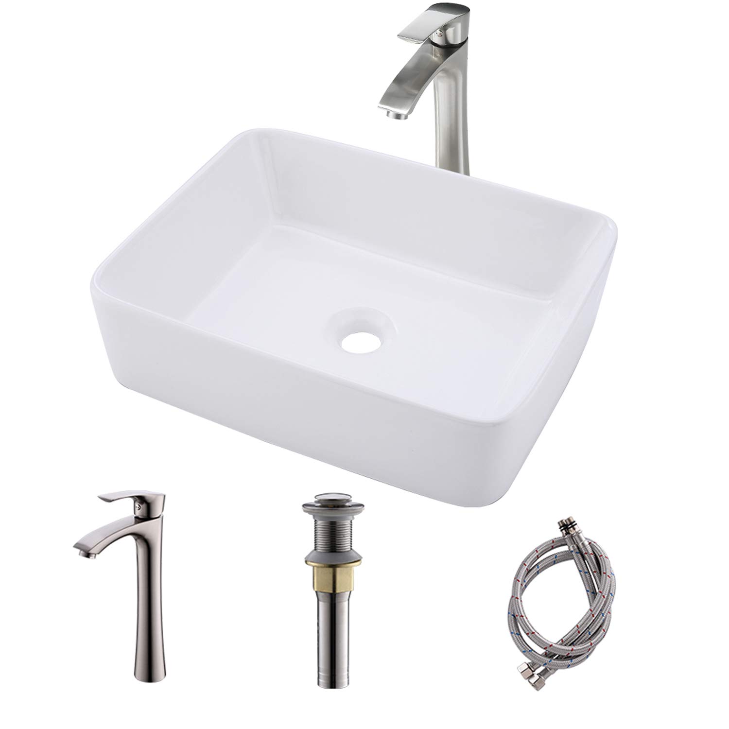 Bokaiya 16x12 Inch White Porcelain Rectangle Vessel Sink with Faucet and Drain Combo - Above Counter Bathroom Sink for RV, Vanity & Modern Bathroom Design - Ceramic Art Basin with Matching Pop-Up Drain