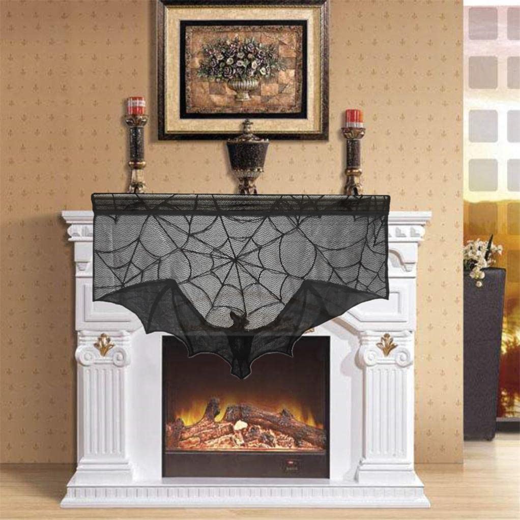 Halloween Black Lace Bats Window Curtain - Gothic Web Design Door Curtain & Fireplace Cloth Decor for Spooky Home Party, Haunted House Decorations - Perfect for Halloween Party Supplies & Seasonal Home Decor (Black)