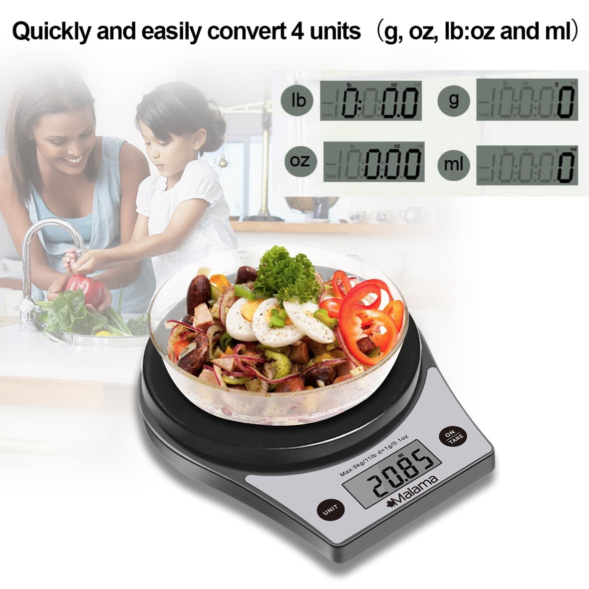 **Malama Digital Kitchen Scale - High Precision 0.1oz/1g Food Scale with 11lb/5kg Capacity, Multifunction Cooking & Baking Scale (Batteries Included) - Perfect for Meal Prep, Portion Control & Healthy Eating**