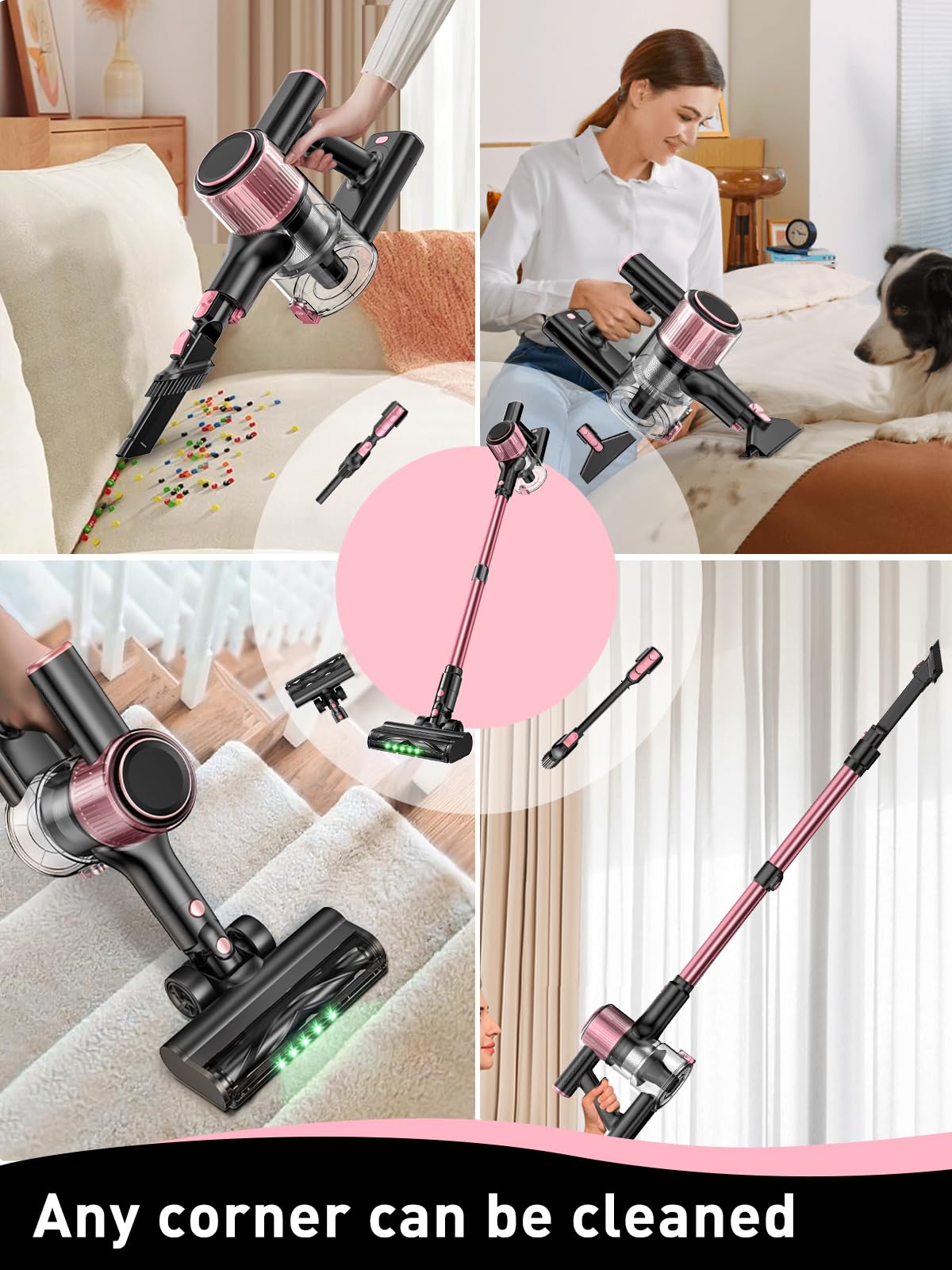 8-in-1 Cordless Vacuum Cleaner with Powerful Suction - Lightweight Stick Vacuum for Hard Floors & Carpets | LED Display, 3 Suction Modes, 45Min Detachable Battery | Perfect for Pet Hair, Home Cleaning & Quick Pickups (Pink)