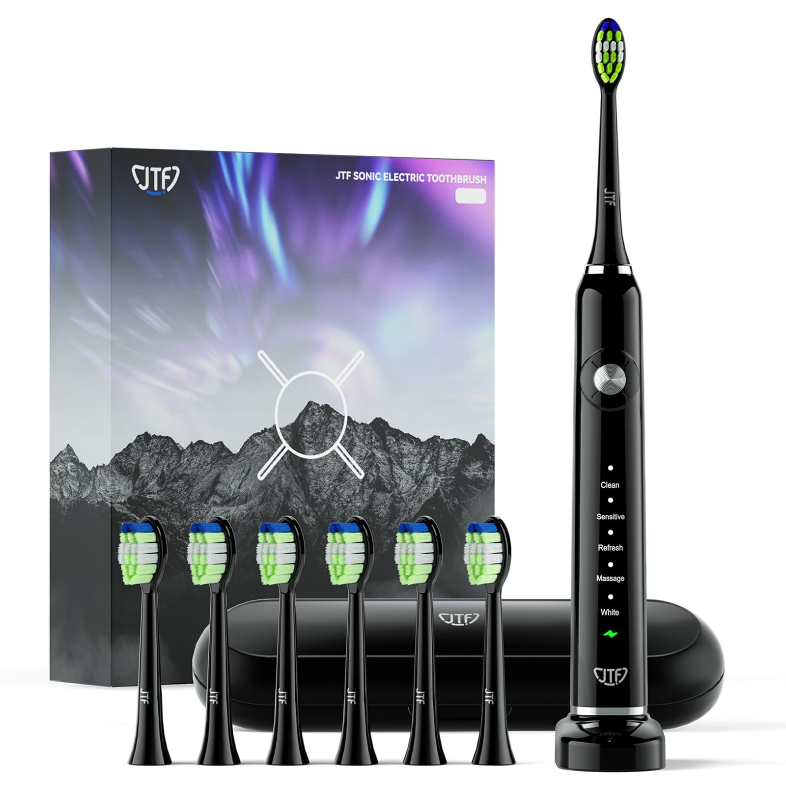 JTF Sonic Electric Toothbrush for Adults - Rechargeable Toothbrush with 6 Brush Heads, Travel Case, 5 Cleaning Modes & Smart Timer | Waterproof Sonic Toothbrush for Men & Women (Black) | Perfect for Travel, Home Use & Daily Oral Care