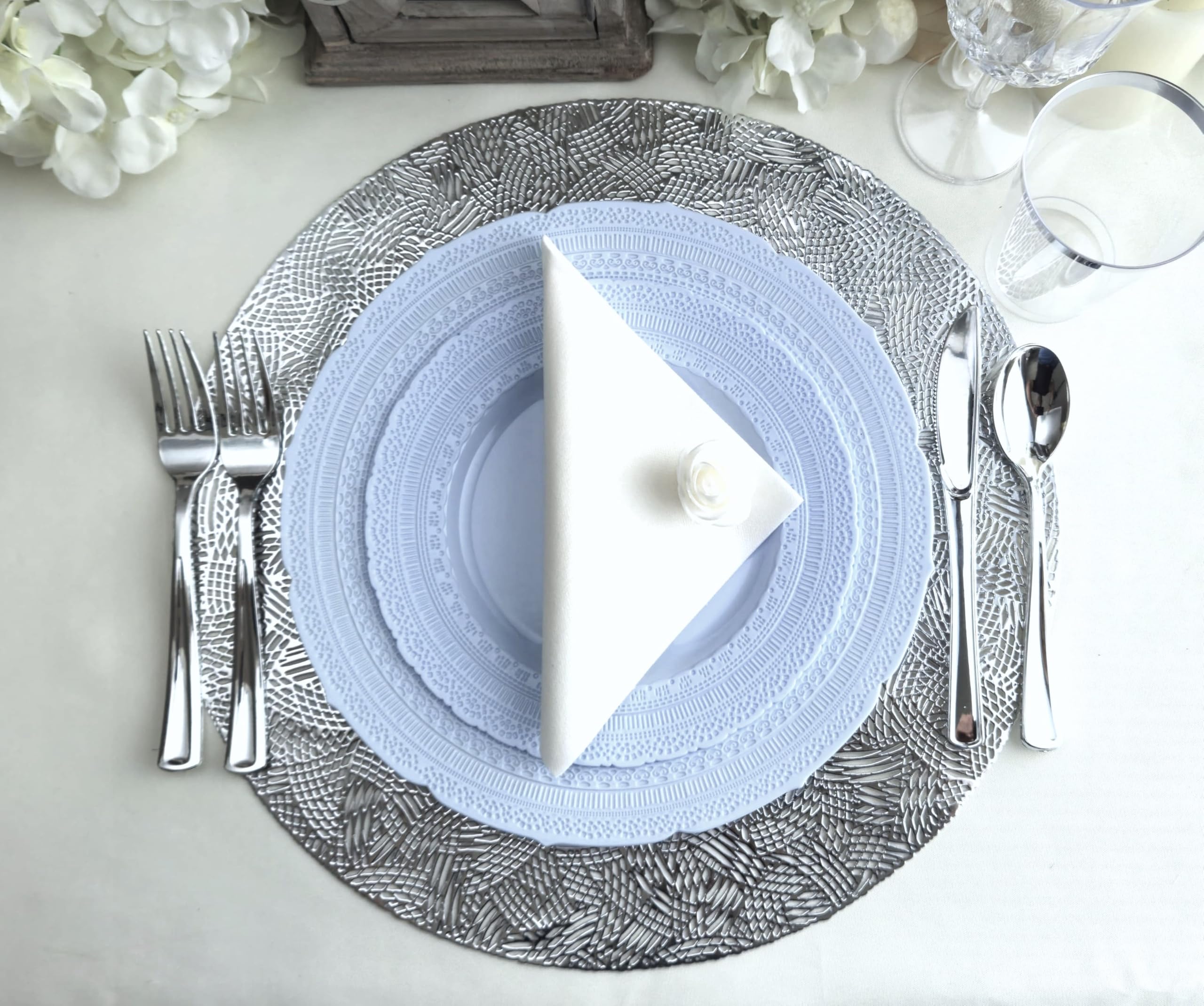 960-Piece Vintage Wedding Disposable Plastic Plate Set - 120x11'' & 120x8.25'' Plates, Silverware, Cups, Napkins - Heavyweight Chateau Blue Collection for 120 Guests | Elegant Dinner Party, Bridal Shower, Anniversary & Formal Events
