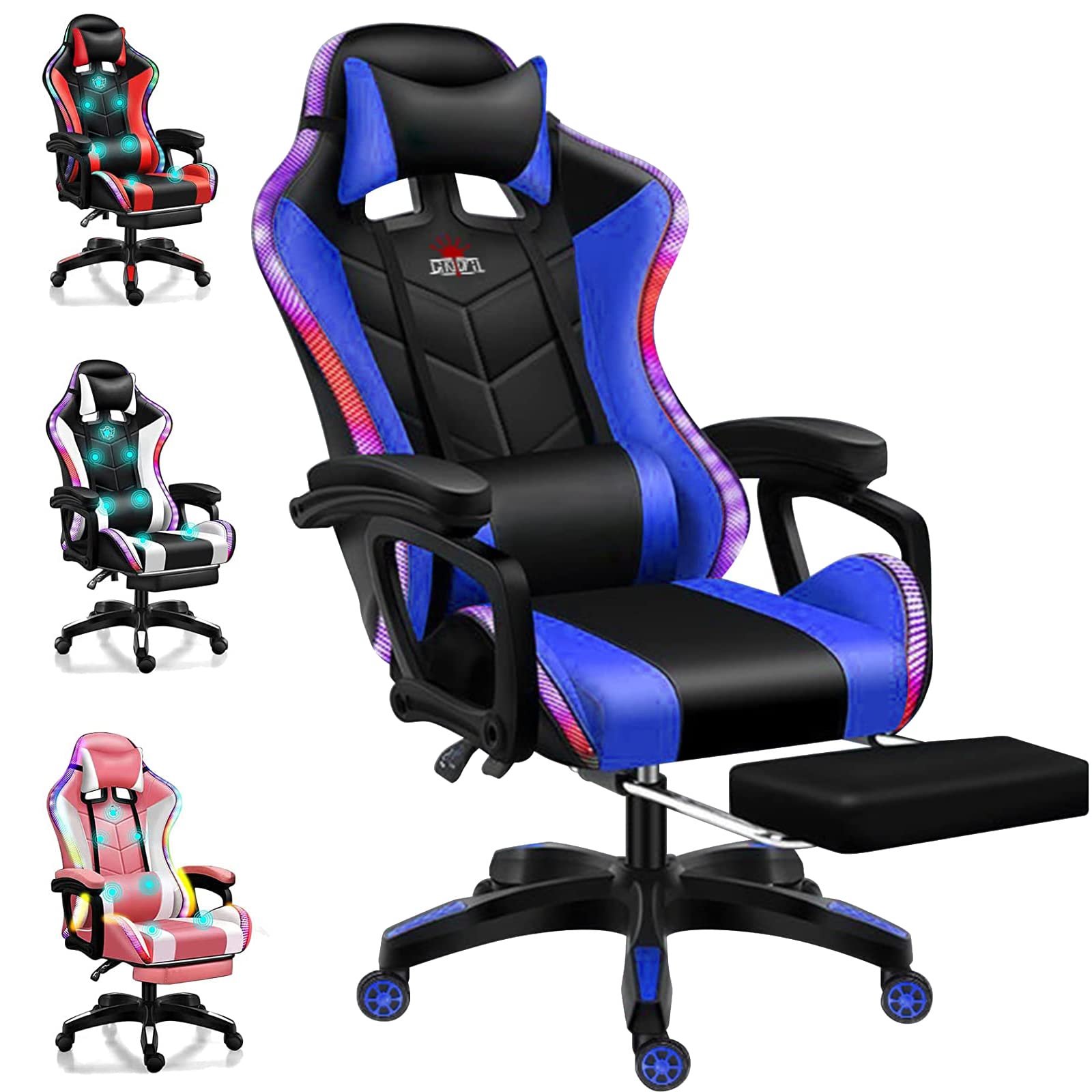 Premium Ergonomic Gaming Chair with Footrest, Massage & RGB LED Lights - Racing Style PU Leather Recliner with Built-in Speakers, Lumbar Support & Adjustable Headrest - Perfect for PC Gaming, Streaming & Home Office (Blue)