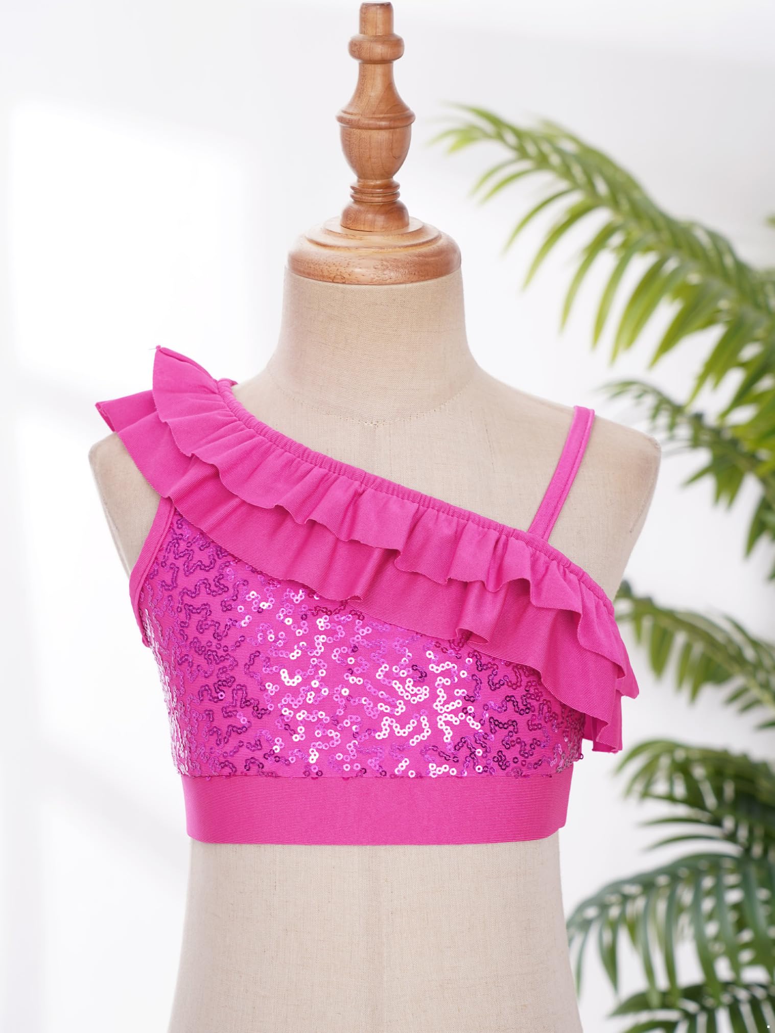 JEATHA Girls Sleeveless Sparkly Sequin Ruffled Crop Top - Dance Shirt & Summer Tank Top for Kids - Perfect for Dance Performances, Parties & Casual Wear