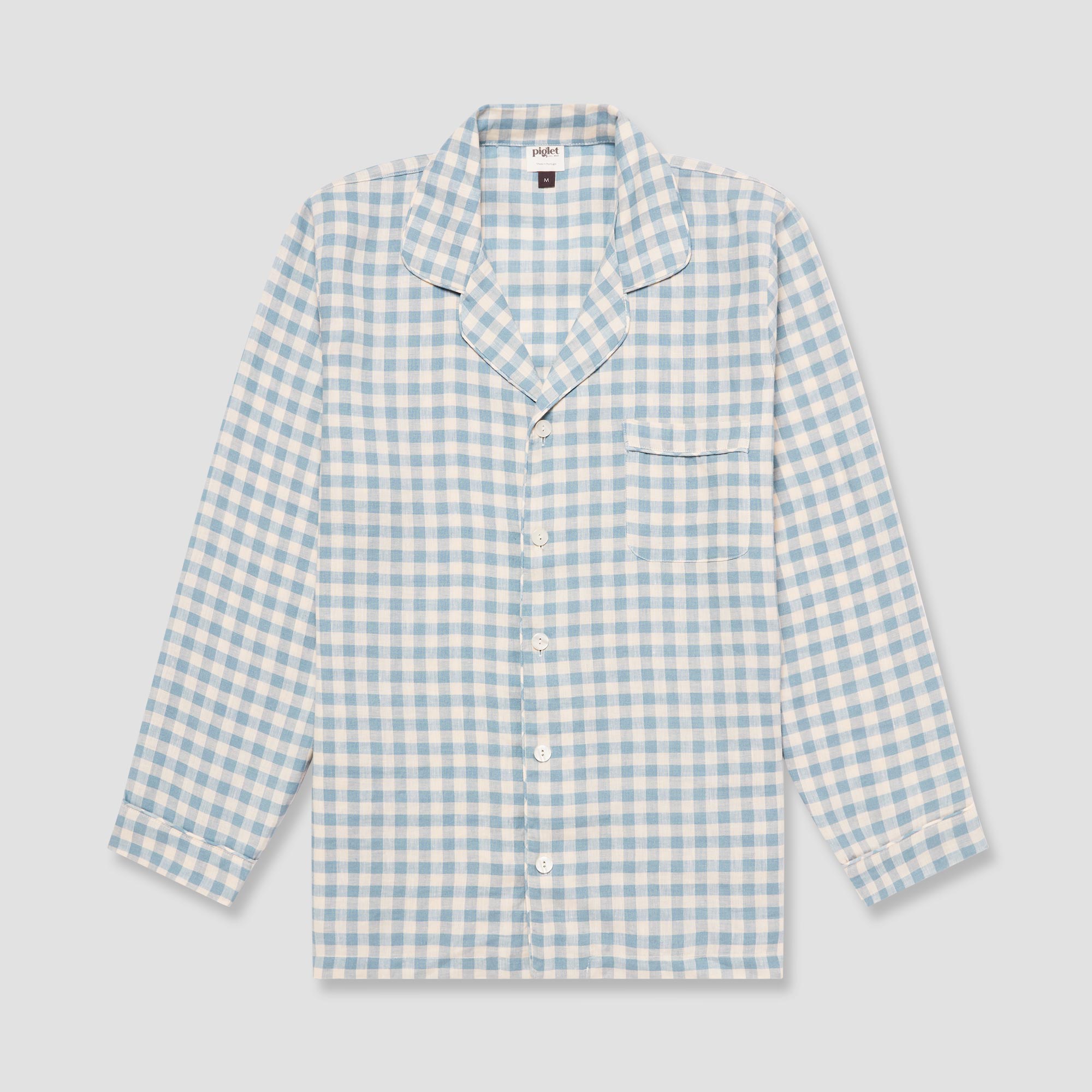 Men's Warm Blue Gingham Linen Pajama Shirt - Soft & Comfortable Sleepwear for Relaxing at Home or Lounging