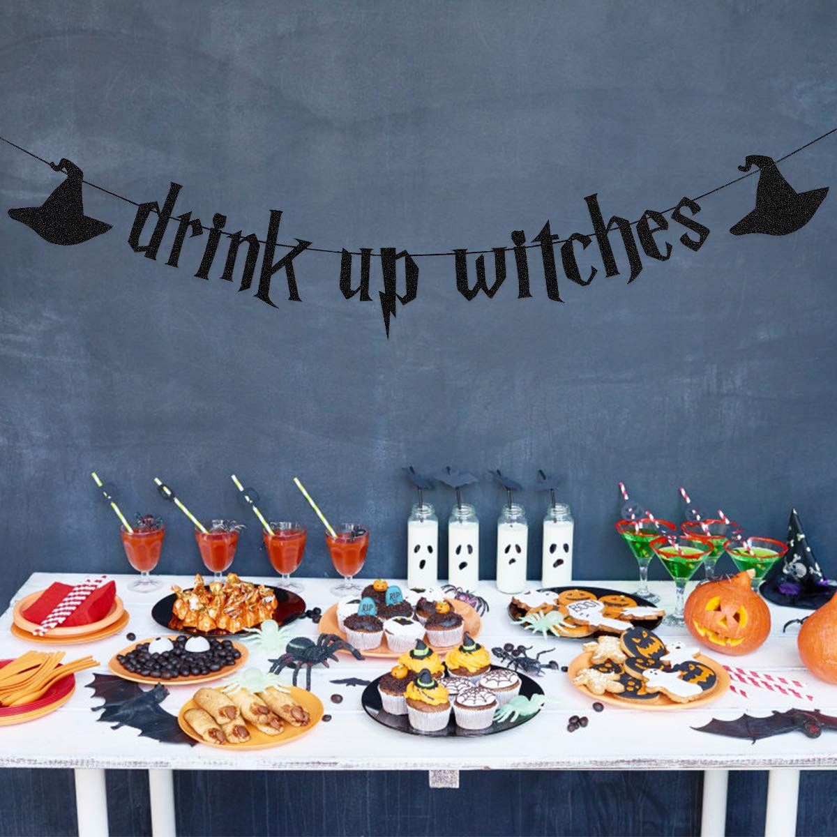 Drink Up Witches Banner - Black Glitter Halloween Party Decor for Hocus Pocus Theme, Witch Bachelorette, and Spooky Celebrations | Perfect for Wall Decor, Photo Backdrops & Themed Events