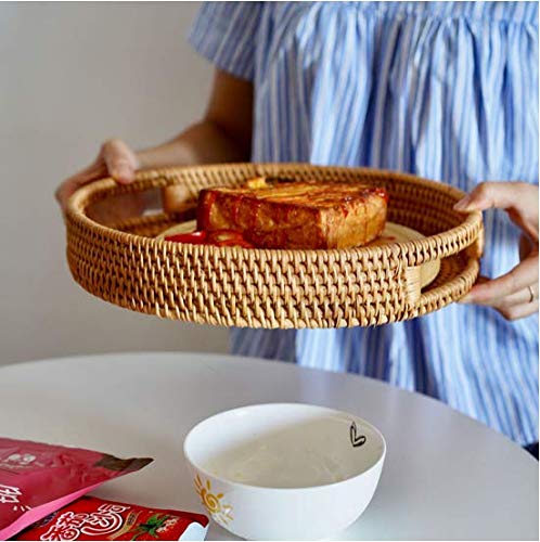 Hand Woven Rattan Round Serving Tray - 13.8 Inch Decorative Coffee Table Tray with Handles, Ottoman Wicker Basket for Fruit, Bread & Snacks - Perfect for Living Room, Kitchen & Outdoor Entertaining