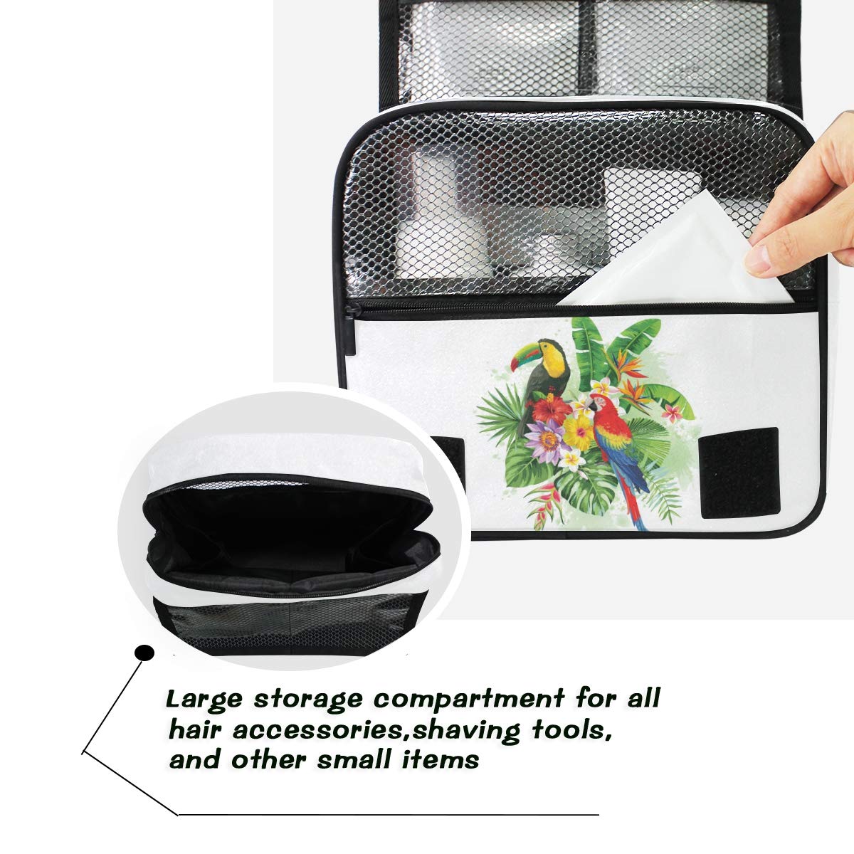 AGONA Hanging Toiletry Bag - Tropical Palm Leaves & Toucan Design Travel Cosmetic Organizer for Women & Men | Portable Waterproof Makeup Pouch with Hook | Perfect for Vacation, Gym & Bathroom Storage
