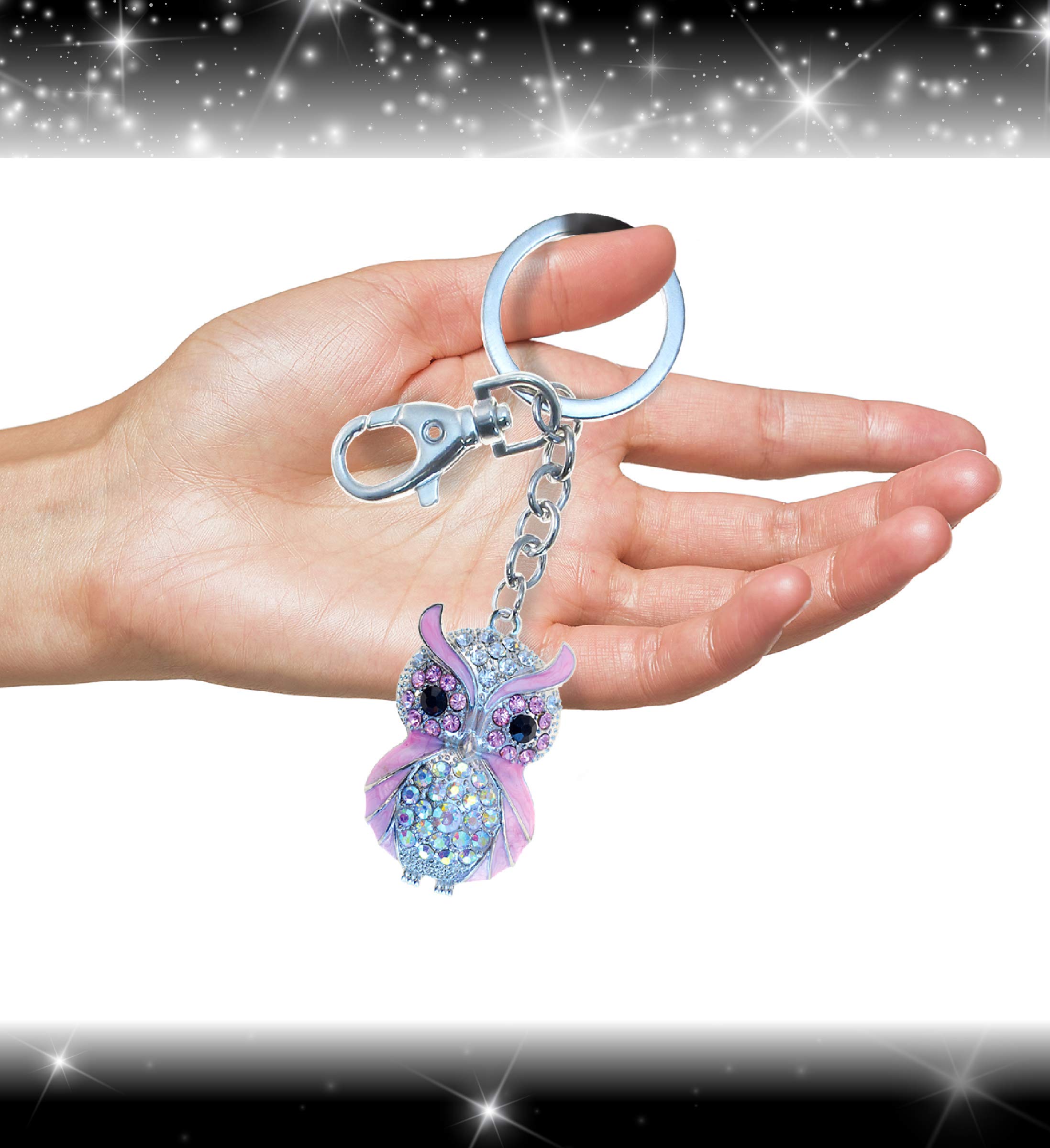 Pink Owl Keychain with Silver 3D Sparkling Rhinestones - Fashionable Metal Alloy Key Ring with Crystal Jewelry Clasp | Cute Animal Keychain for Women, Girls Gift Idea, Purse & Backpack Accessory