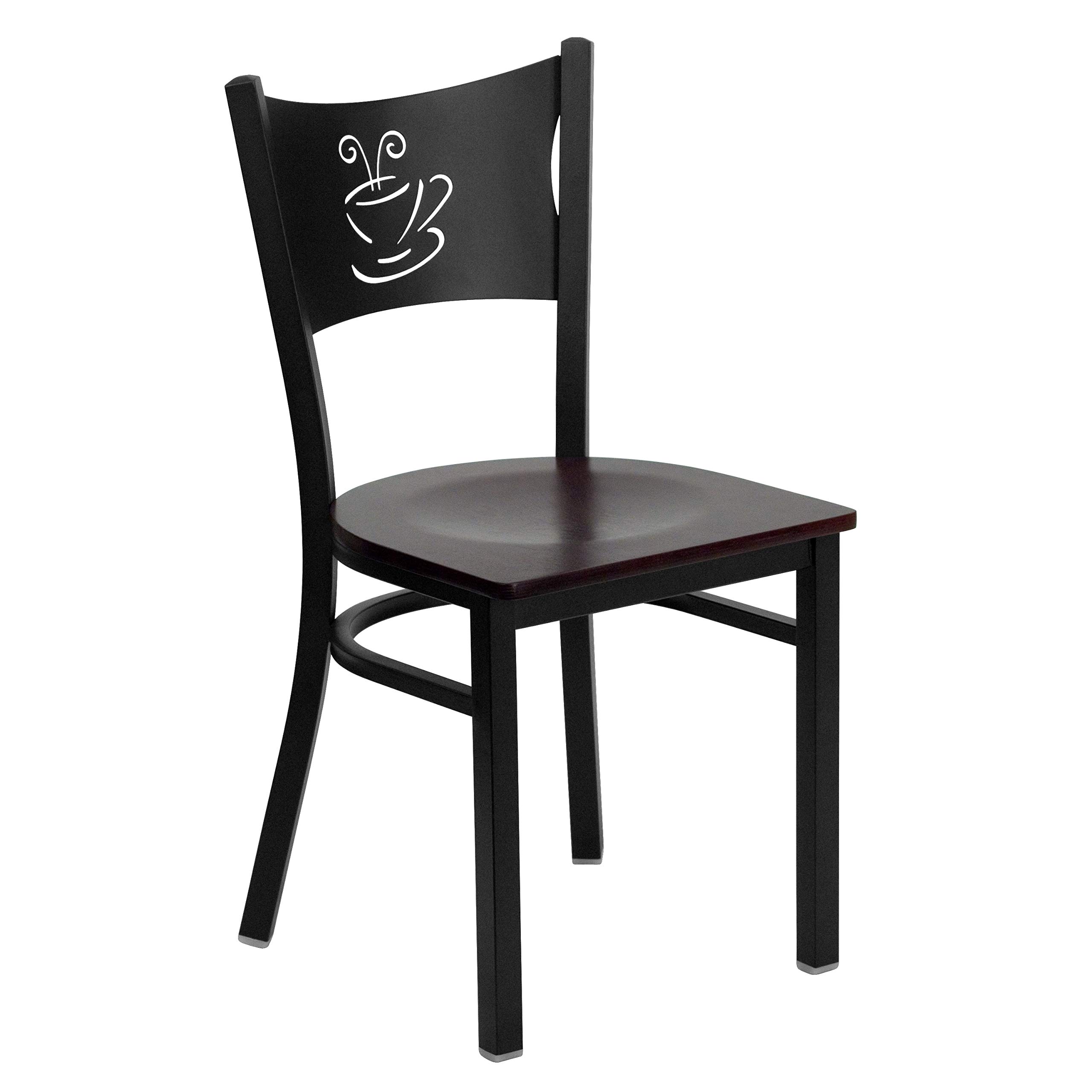 2 Pack Black Metal Coffee Shop Chairs with Mahogany Wood Seats - Durable Restaurant & Cafe Furniture for Indoor & Outdoor Dining Areas