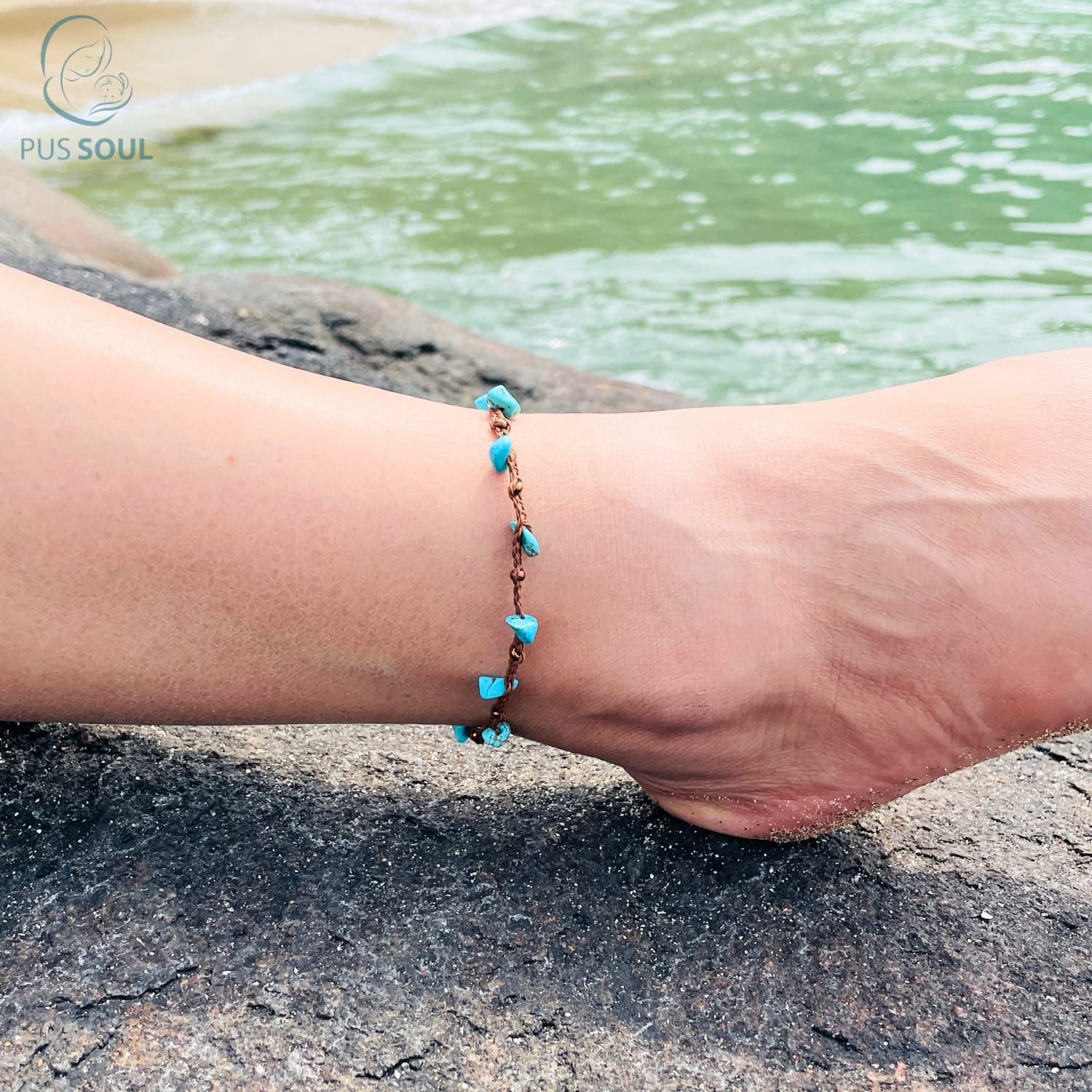 Turquoise Ankle Bracelets for Women – Adjustable Braided Wax Cord Anklet with Genuine Turquoise Chips, Waterproof & Custom Sizing – Perfect for Summer Beach, Vacation & Boho Fashion | PusSoul