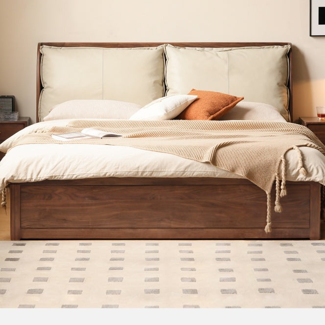 Solid Black Walnut Wood Bed with Genuine Leather Headboard - Luxury Bedroom Furniture for Master Suite, Guest Room & Modern Home Decor