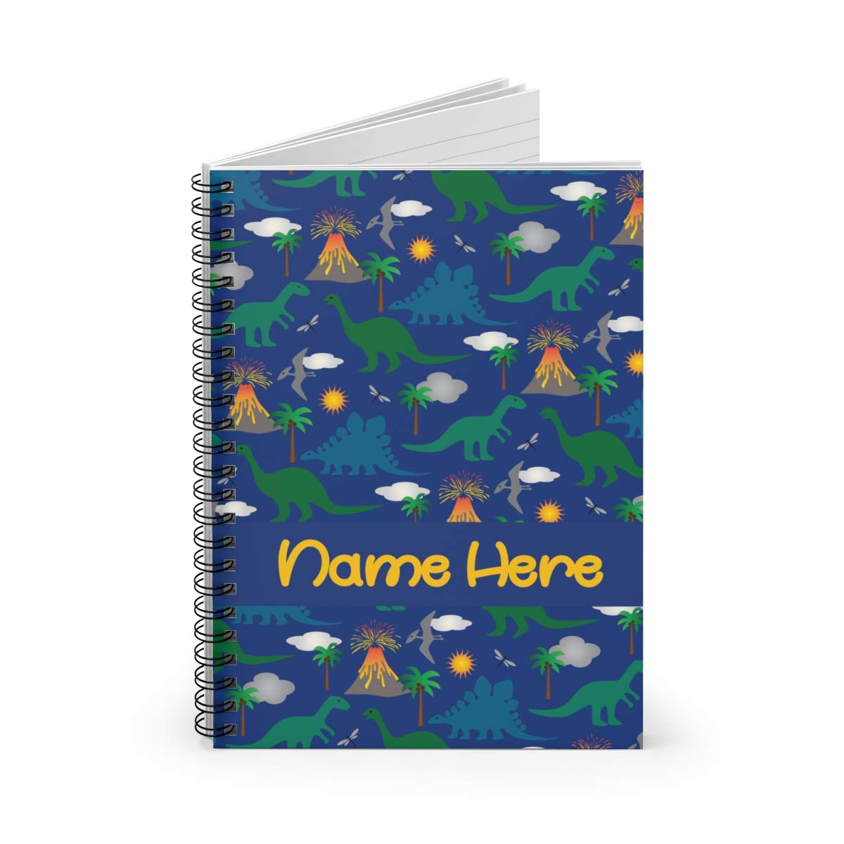 Custom Dino Volcano Dark Blue Dinosaur Spiral Notebook - Personalized Journal for Kids, Teens & Adults | School Supplies, Birthday Gifts, Creative Writing Notebook