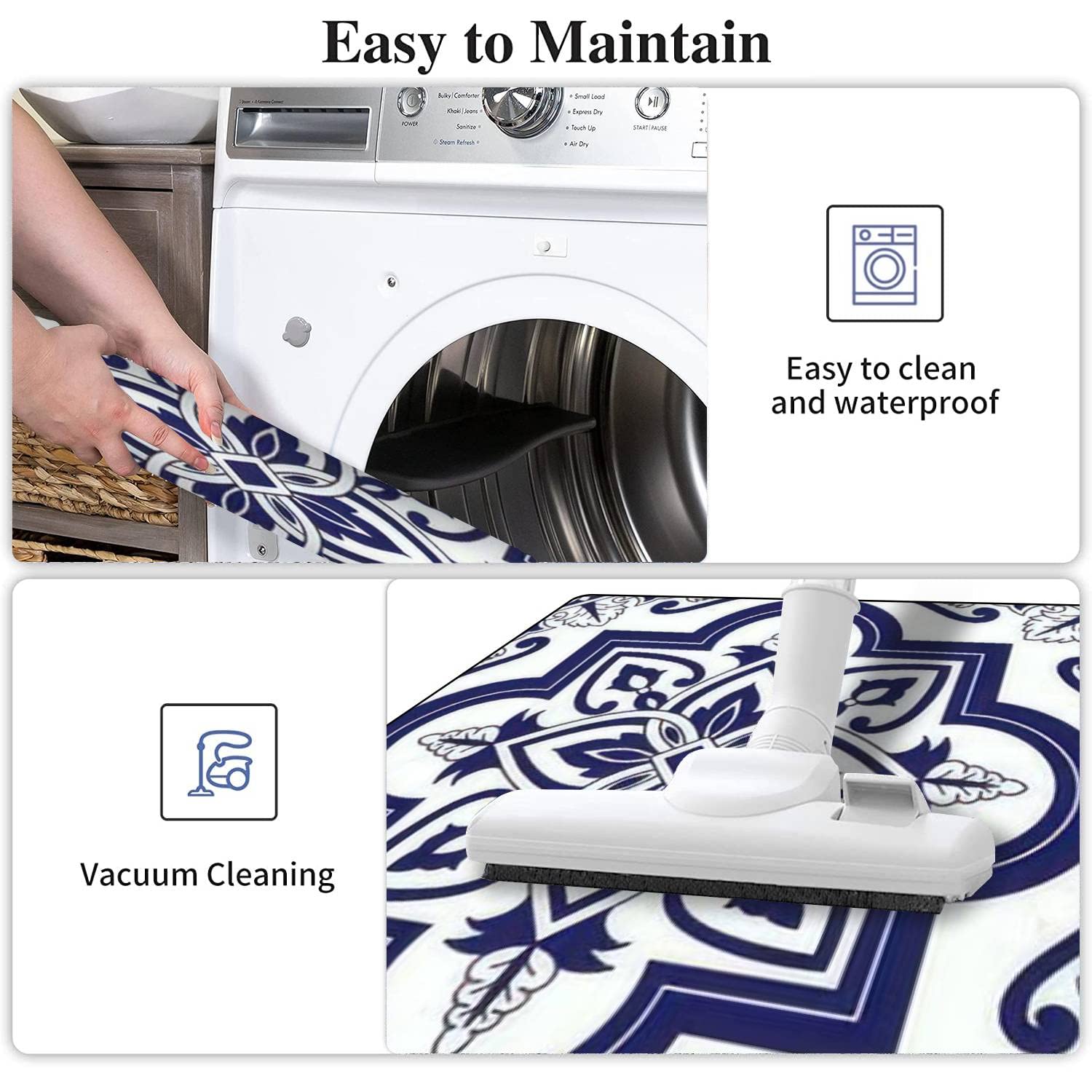 Delft Dutch Tile Kitchen Rugs Set - Non-Slip Washable Floor Mats for Kitchen & Bath Decor