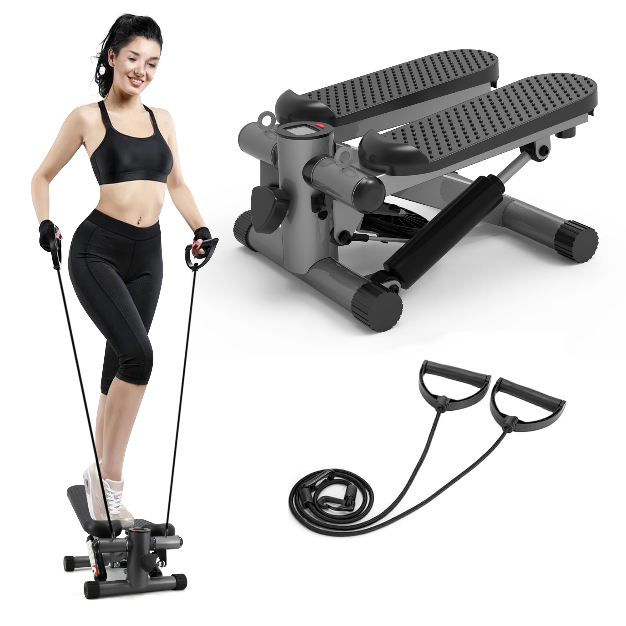 **Hydraulic Fitness Stepper with LCD Monitor - 300LBS Capacity, Resistance Bands - Mini Stair Stepper for Home Workout & Cardio Training | Perfect for Small Spaces, Office & Apartment Fitness**