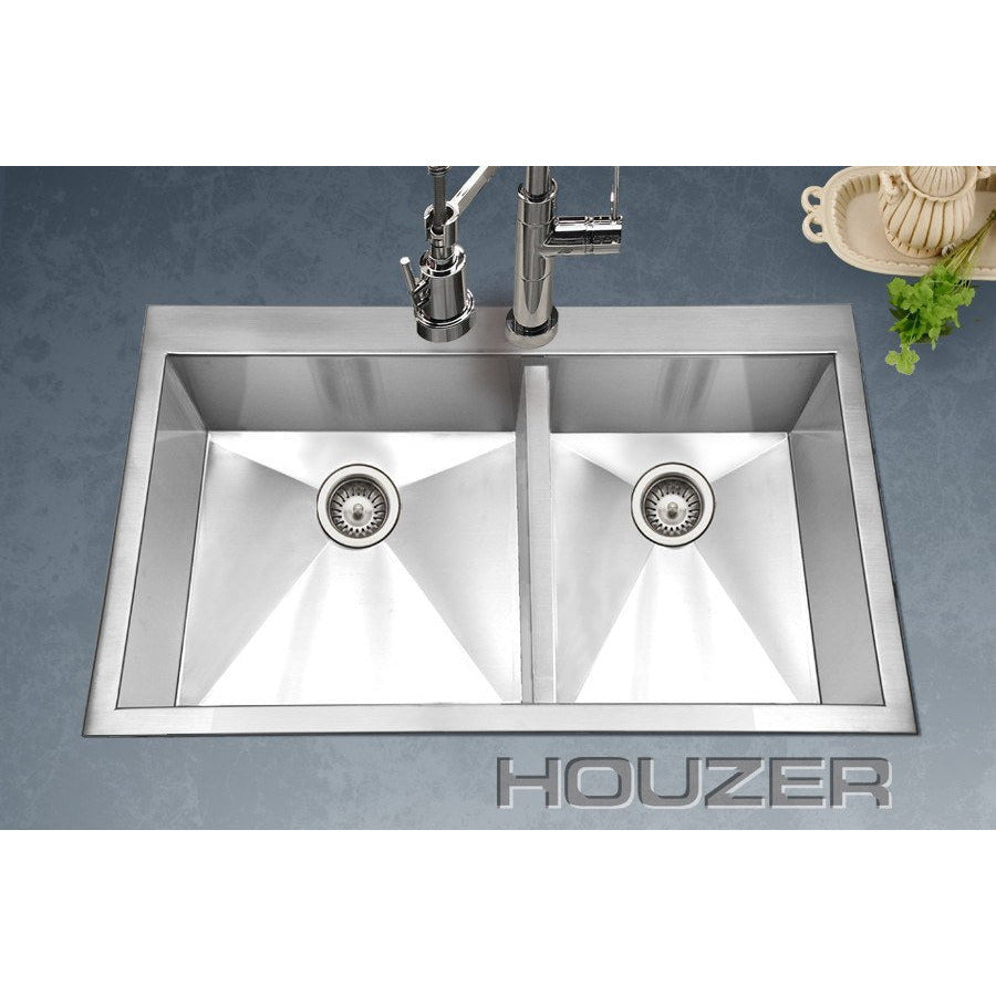 Houzer BCD 3322 Bellus Series Zero Radius Topmount Stainless Steel 1 Hole 50/50 Double Bowl Kitchen Sink - Perfect for Modern Kitchens, Food Prep & Dishwashing