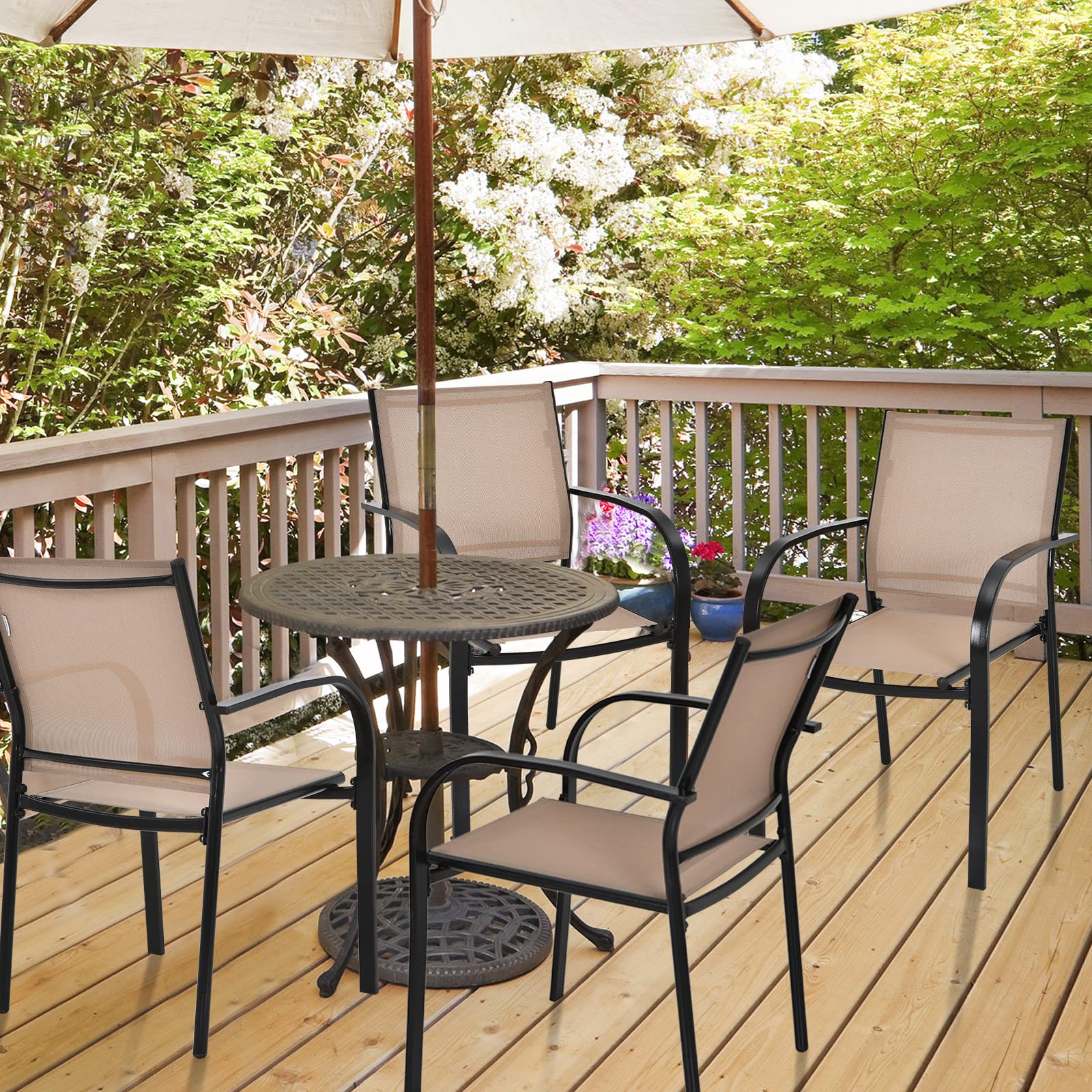 Tangkula Set of 4 Stackable Patio Dining Chairs with Armrests - Rust-Resistant Steel Frame & Quick-Drying Fabric - Outdoor Bistro Chairs for Backyard, Garden, Lawn, Poolside & Restaurant Use