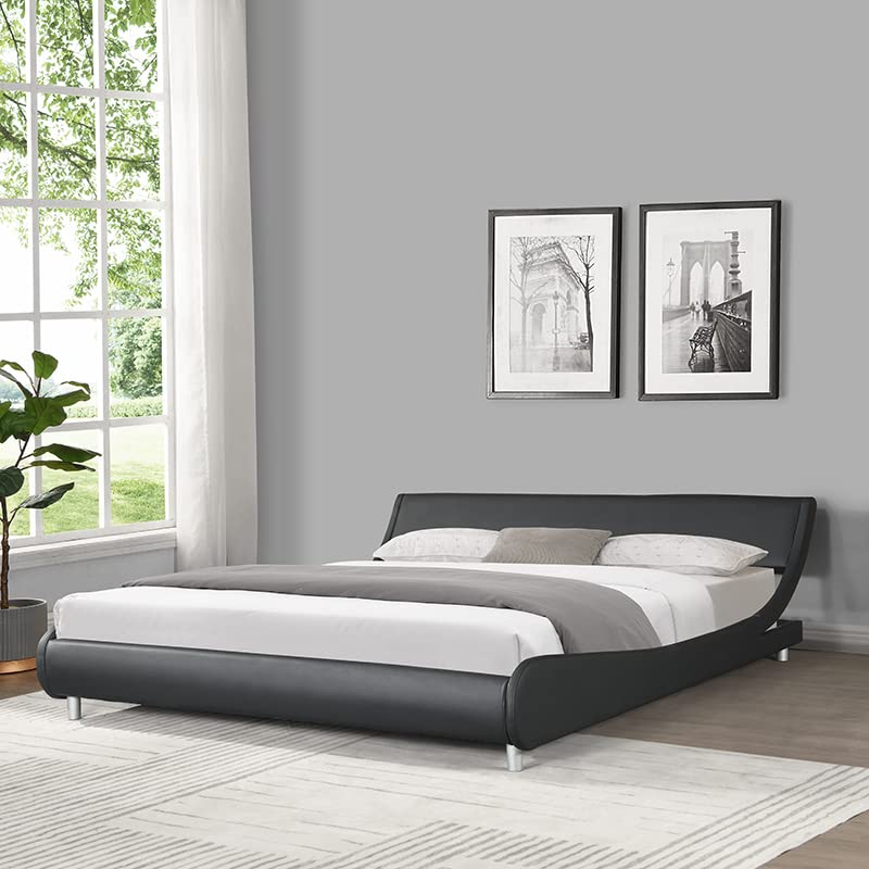 King Size Platform Bed Frame - Faux Leather Upholstered King Bed with Headboard & Wood Slat Support, No Box Spring Needed, Easy Assembly (Black) | Modern Bedroom Furniture for Master Suite, Guest Room & Apartment