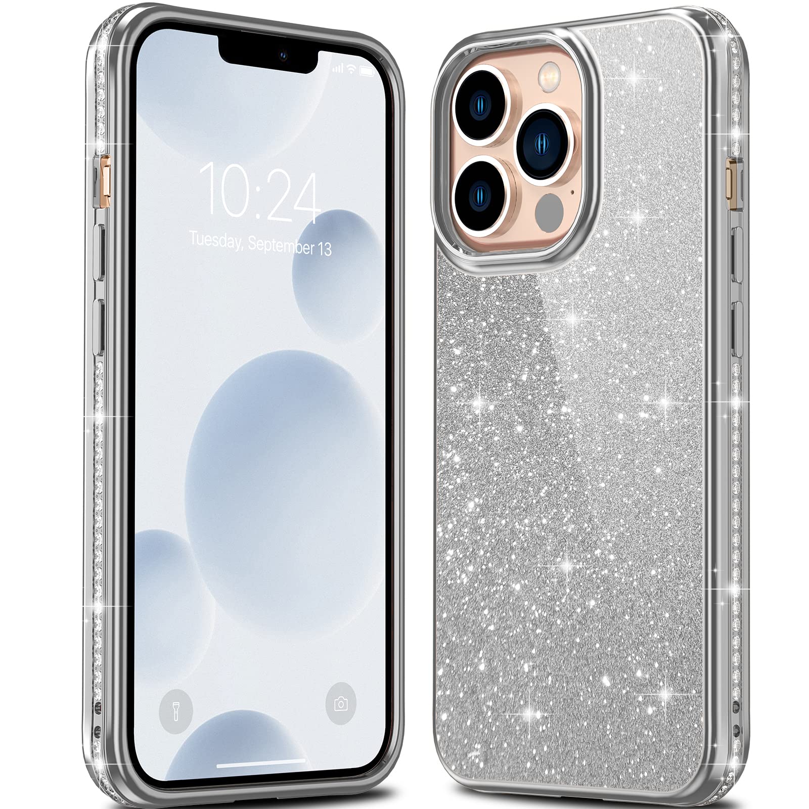 **Sparkly Glitter Luxury Diamond iPhone 13 Pro Max Case – Cute Bling Cover for Women & Girls, Anti-Scratch, Shockproof, Slim Fit Protective Phone Case (Silver) – Perfect for Parties, Daily Use & Gifts**