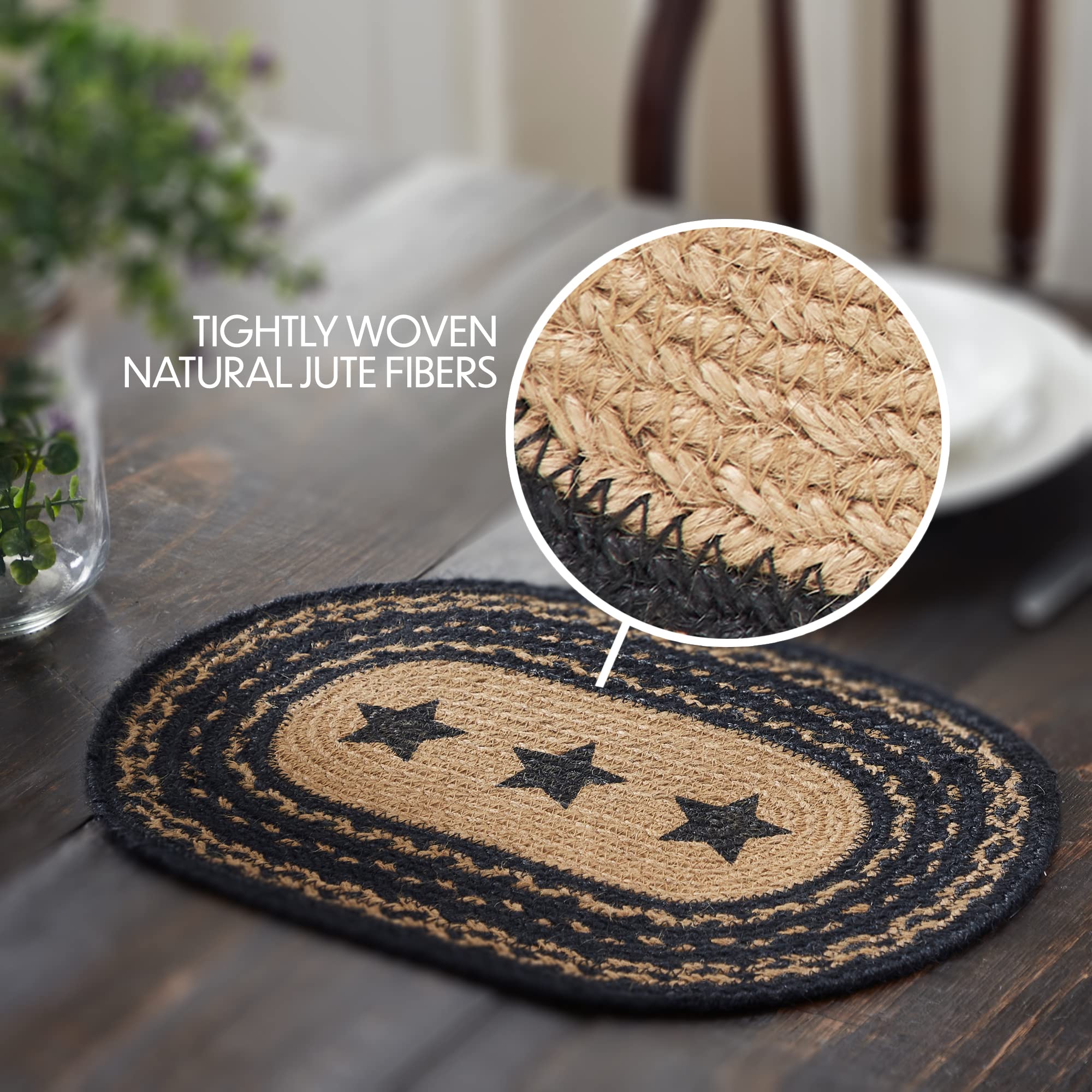 VHC Brands Farmhouse Star Braided Jute Placemat Set - Oval Dining Table Mats (10x16 Inches, Black & Tan) - Rustic Home Decor for Kitchen, Dining Room & Holiday Tablescapes