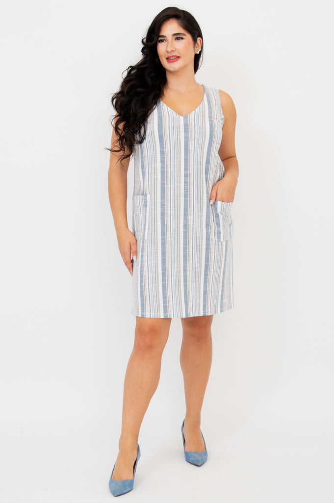 Felicia Dress - Sand Stripe Linen Bamboo Blend Summer Dress for Women | Beach Vacation, Brunch & Casual Outfit