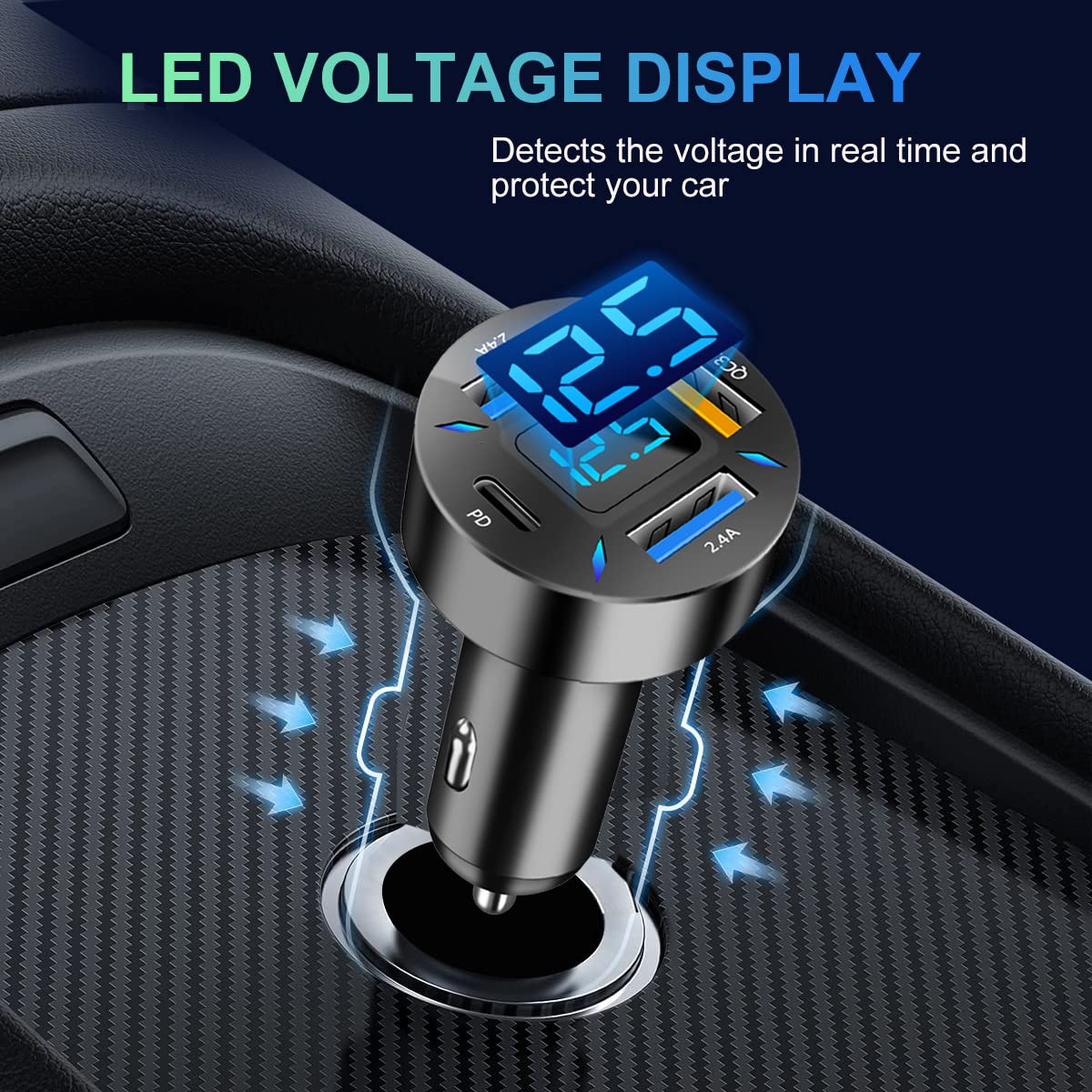 GemCoo 50W USB C Car Charger Adapter with PD QC3.0 Fast Charging & LED Voltmeter - Dual Port Car Phone Charger for iPhone 15/14/13/12/11 Pro Max, iPad, Samsung Galaxy S24/S23/S22/S21 - Perfect for Road Trips & Daily Commute Charging