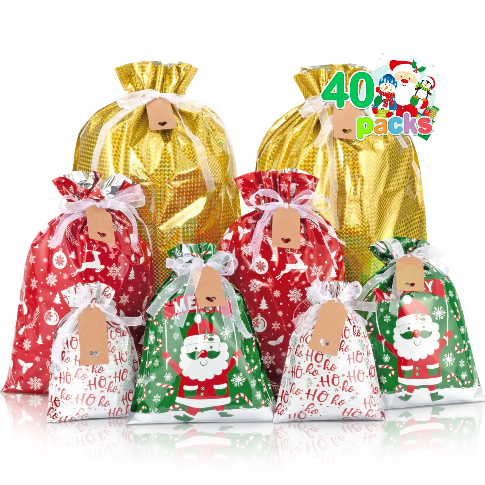 Tiblue 40-Piece Christmas Drawstring Gift Bags Set - Assorted Sizes (Small/Medium/Large) with Tags for Holiday Wrapping, Treats & Party Favors - Perfect for Xmas Decorations, Gift Exchanges & Festive Celebrations