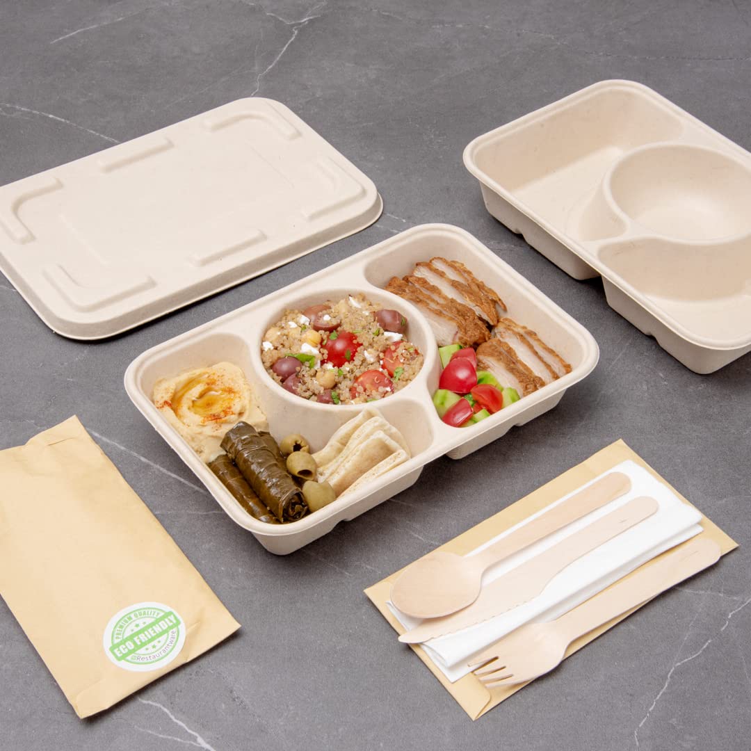 Eco-Friendly 31.3oz Sugarcane Fiber Takeout Containers - 100-Pack 3-Compartment Microwavable To-Go Boxes | Sustainable Bagasse Food Containers for Restaurants, Catering & Meal Prep (Lids Sold Separately)