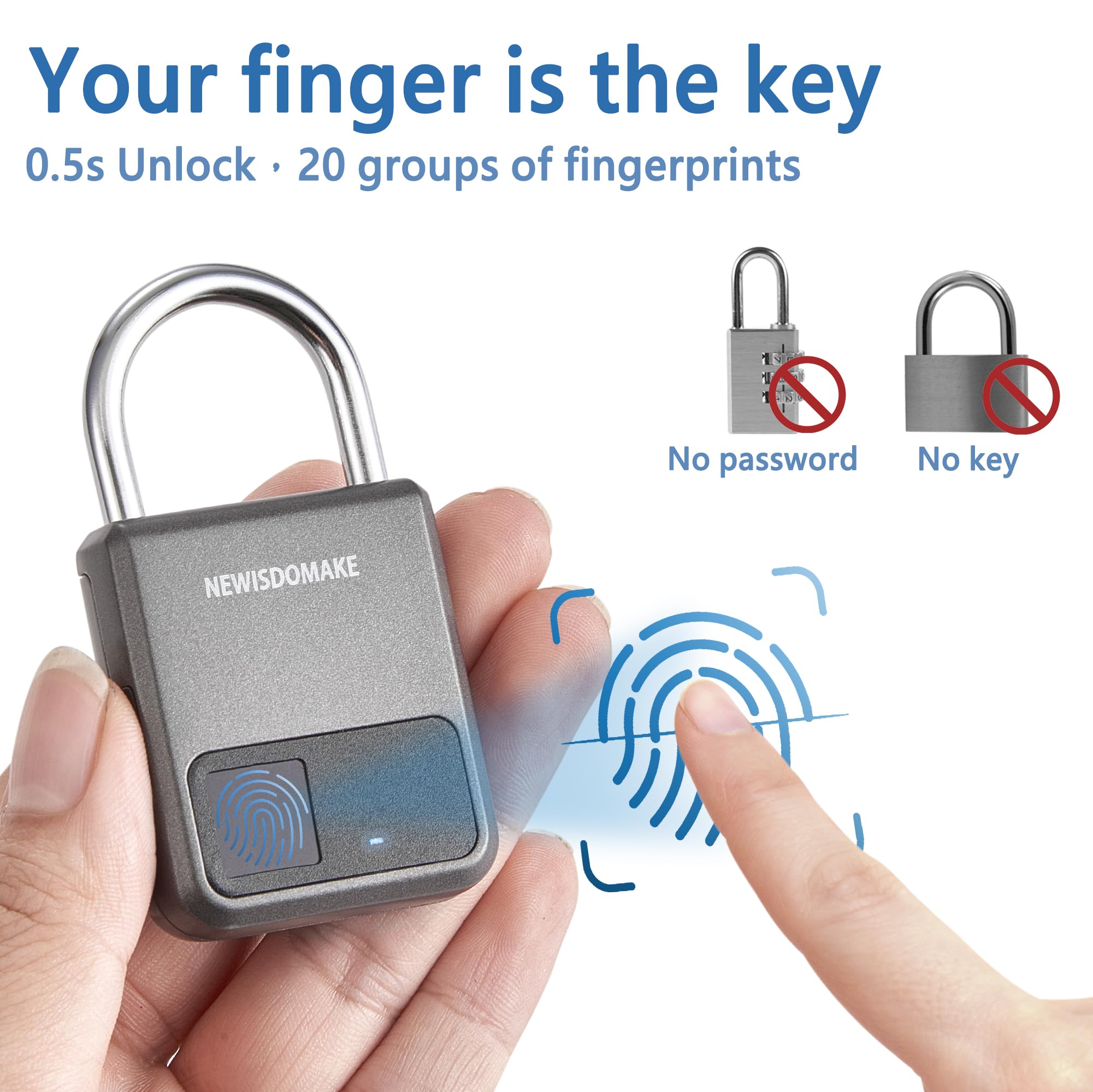 Fingerprint Padlock - Smart Biometric Lock with USB Charging, Keyless Entry for Luggage, Backpack, Gym Locker, Bike & School Lockers - Secure Gray Digital Lock for Travel, Home & Office Use