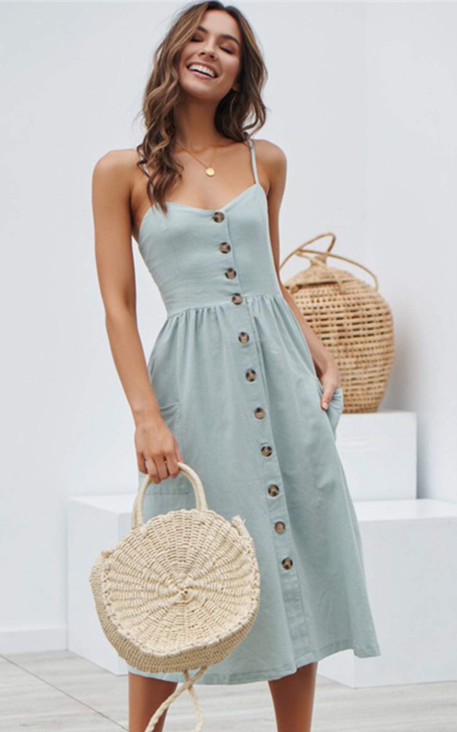 Angashion Women's Summer Floral Bohemian Spaghetti Strap Button Down Swing Midi Dress - Casual Beach Dress for Vacation, Party & Date Night