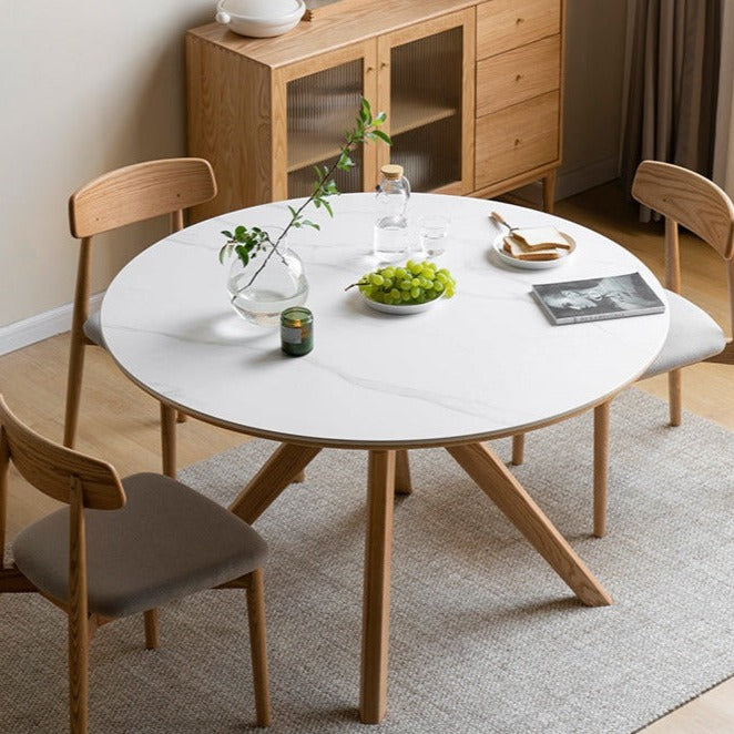 Solid Oak Wood Round Nordic Dining Table with Rock Slab Surface - Modern Farmhouse Kitchen & Dining Room Furniture for Family Gatherings