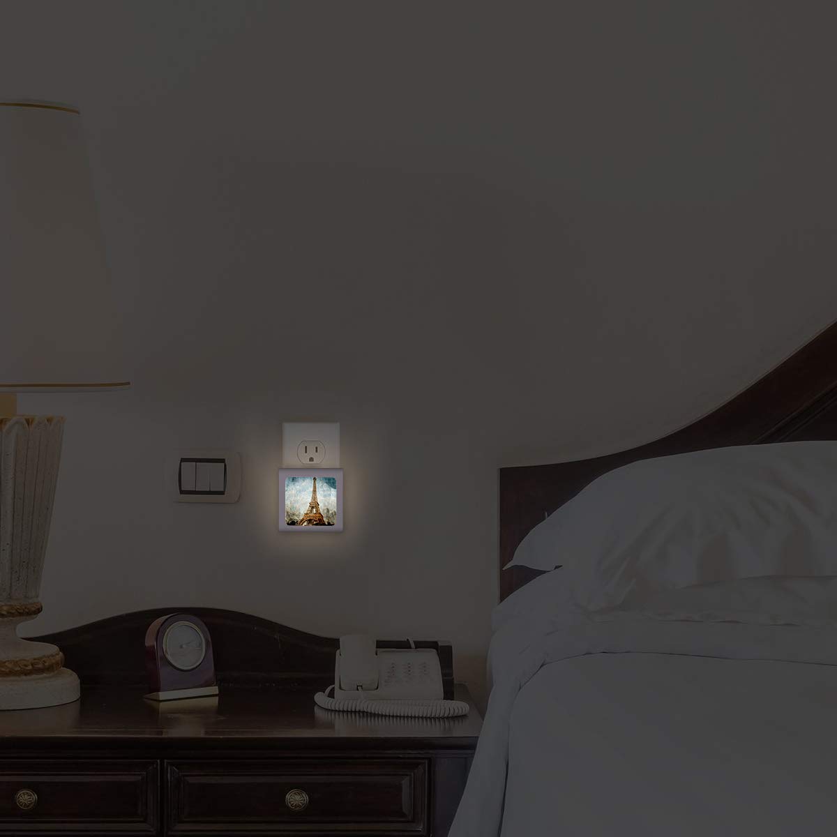 Dimmable LED Night Light with Auto On/Off Sensor - Adjustable Brightness Warm White Plug-in Nightlight for Bathroom, Hallway, Nursery & Bedroom - Eiffel Tower Design | Perfect for Nighttime Safety & Décor
