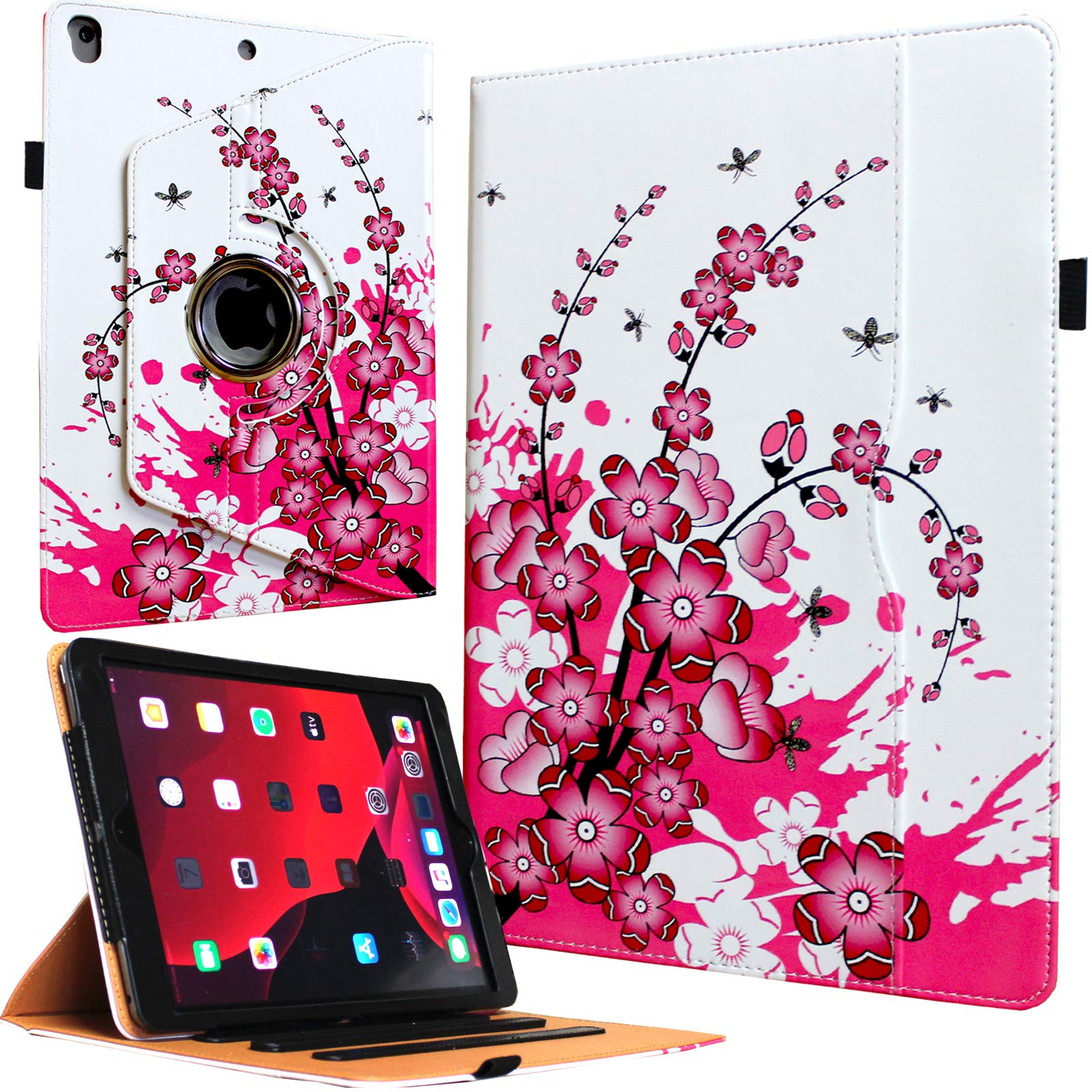Premium 360° Rotating Smart Cover Case for iPad 9.7 (2018/2017) & iPad Air 1/2 - Multi-Angle Stand with Storage Pocket & Apple Pencil Holder | Auto Wake/Sleep Function | Perfect for Work, Study & Travel (Pink Floral Design)