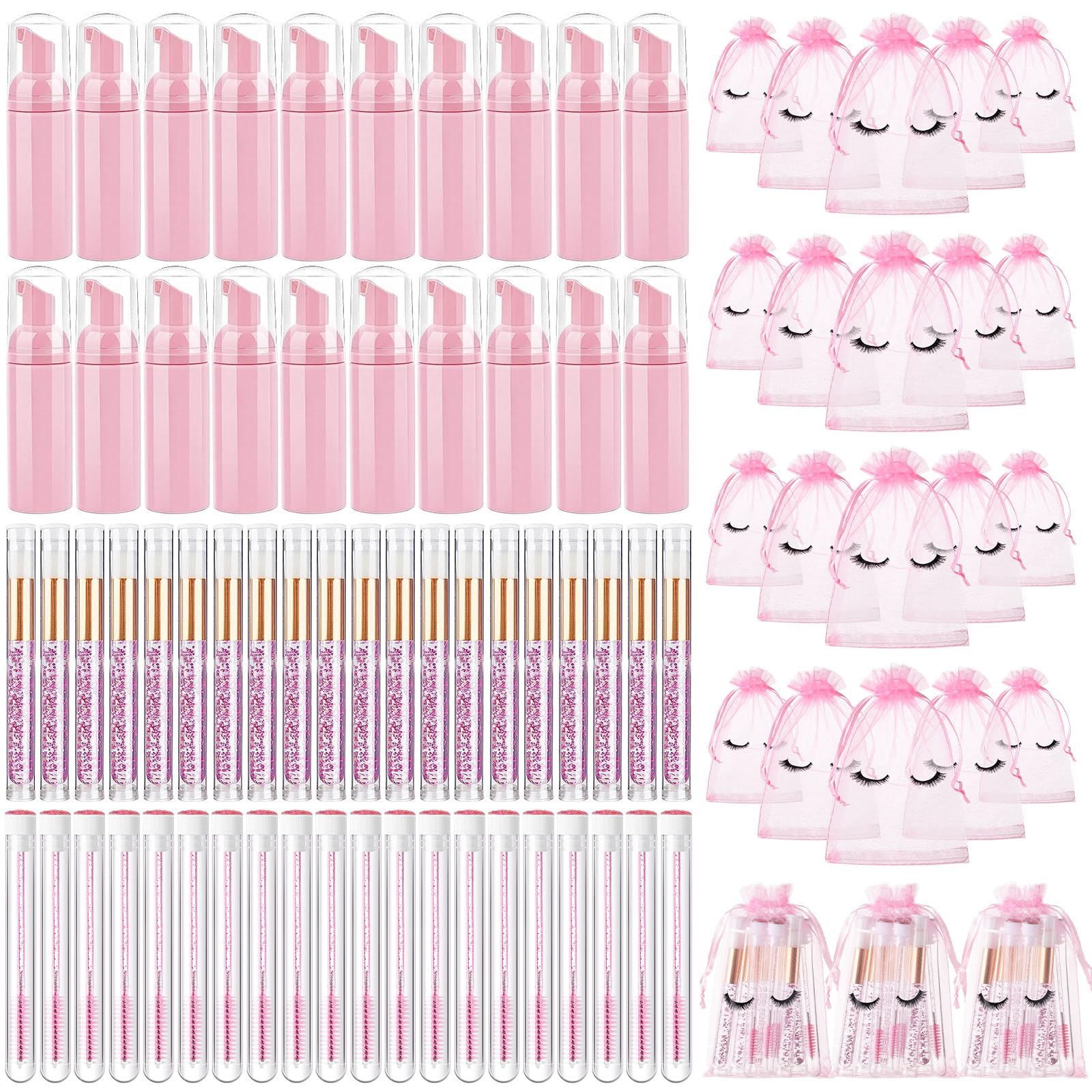 80 Pcs Eyelash Extension Cleaning Kit - 20 Foam Pump Dispensers, 20 Lash Shampoo Brushes, 20 Aftercare Bags & 20 Cleaning Pipes - Professional Lash Extension Supplies (Pink) for Salon, Spa & Home Use