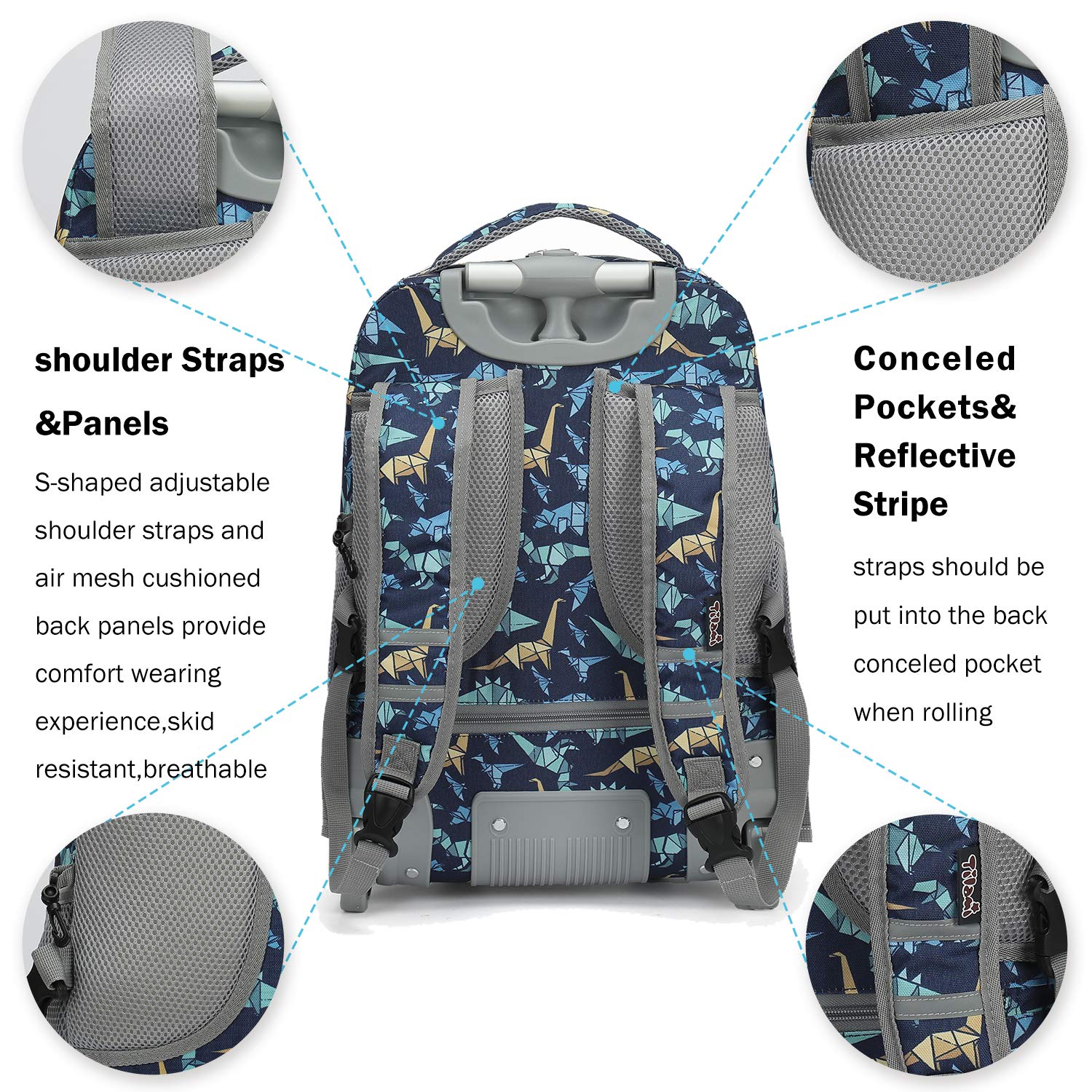 Tilami 19 Inch Rolling Backpack with Lunch Bag - Wheeled Laptop Backpack for School, Travel & Work - Dinosaur Print Design for Kids & Teens - Perfect for Commuting, Air Travel & Daily Use