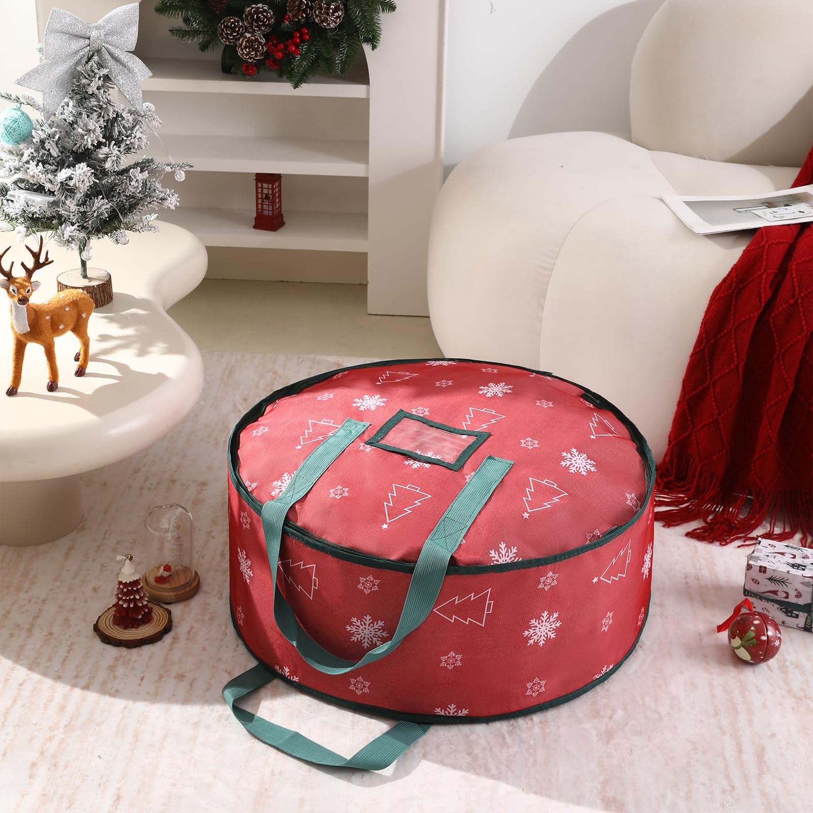 YIYA 24 Inch Christmas Wreath Storage Box - Waterproof Holiday Garland Container with Clear Window & Handles - Perfect for Xmas Decor Organization (Red) - Ideal for Seasonal Storage & Home Decor Protection