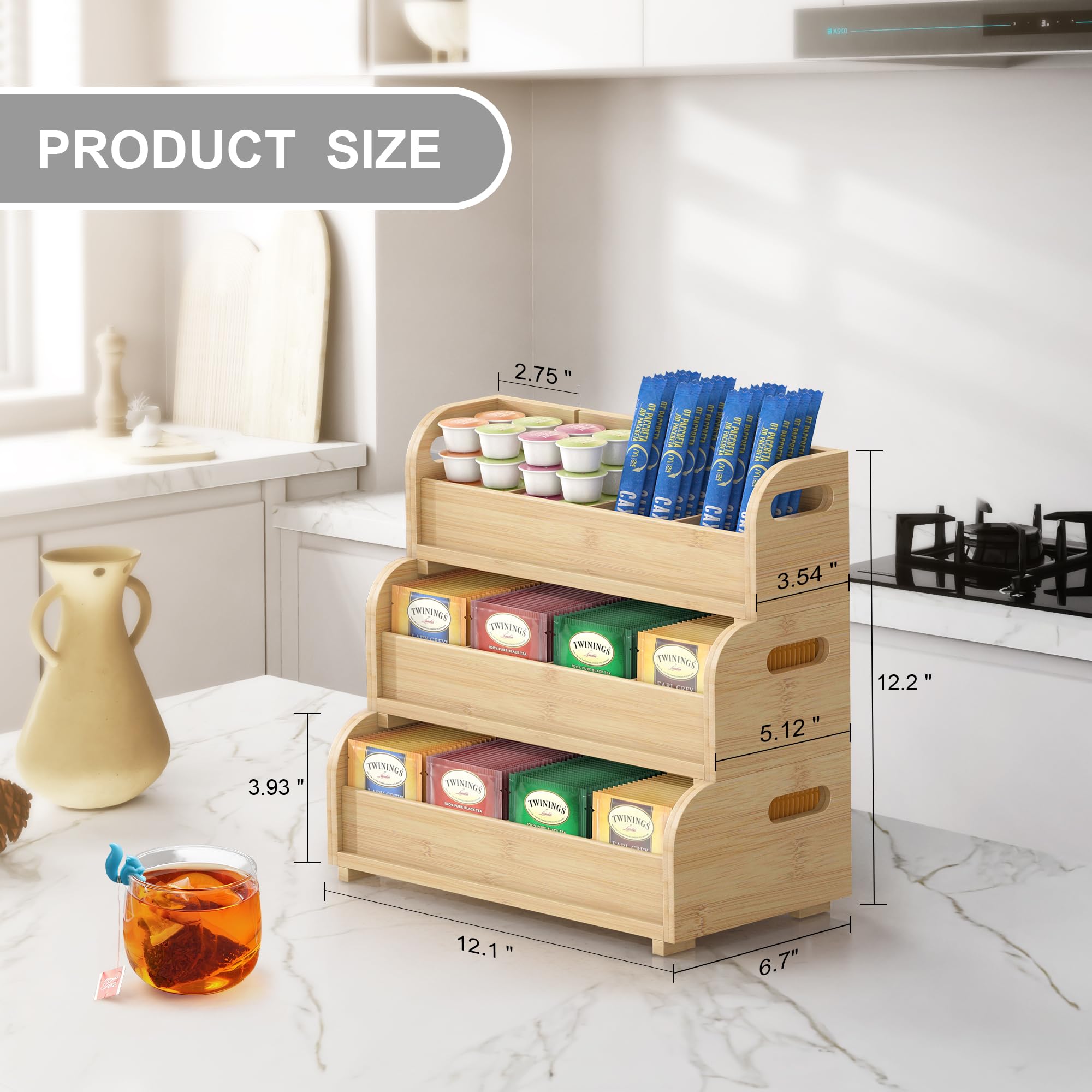 3-Tier Stackable Bamboo Tea Bag Organizer - Large Capacity Wall Mount Tea Storage Box for Tea Bags | Perfect for Kitchen, Office & Tea Lover's Home Decor (Natural Finish)