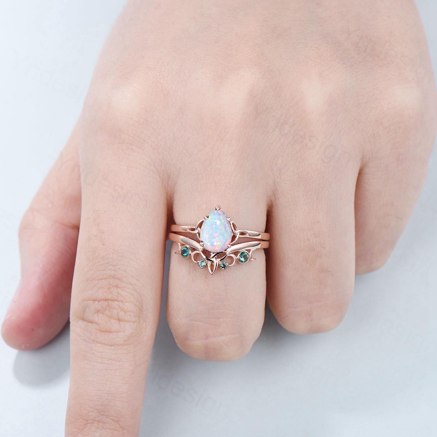 Celtic Knot White Opal Bridal Ring Set - 6x9mm Pear Shaped Fire Opal Engagement Ring with Emerald Stacking Band - Perfect for Weddings, Anniversaries & Romantic Gifts
