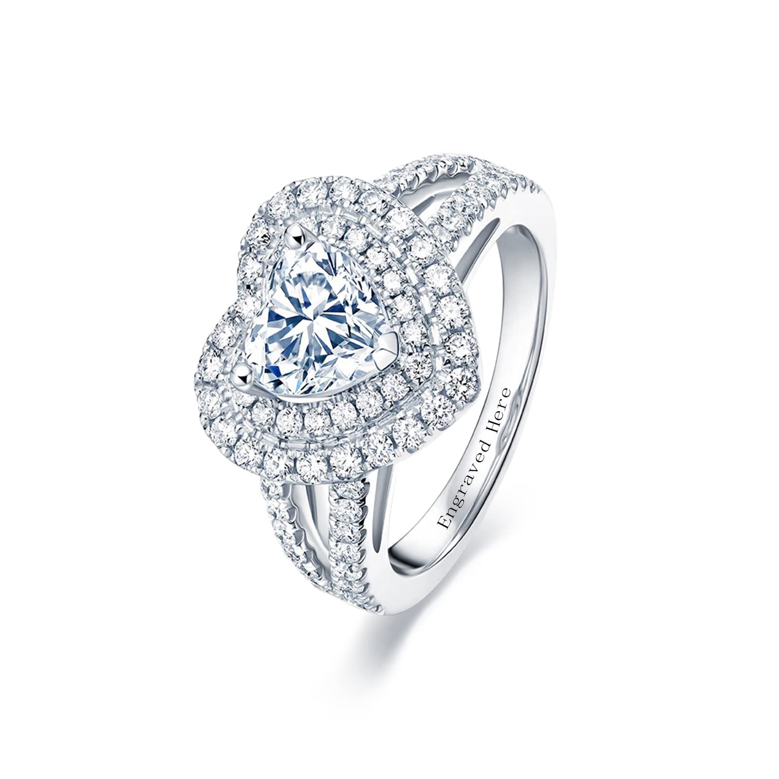 1CT Heart Moissanite Halo Engagement Ring for Women - 925 Sterling Silver or 14K/18K Gold - Custom Name Engraved Wedding Promise Ring - Anniversary Jewelry Gift for Wife, Girlfriend, Fiancée - Perfect for Proposals, Valentine's Day & Special Occasions