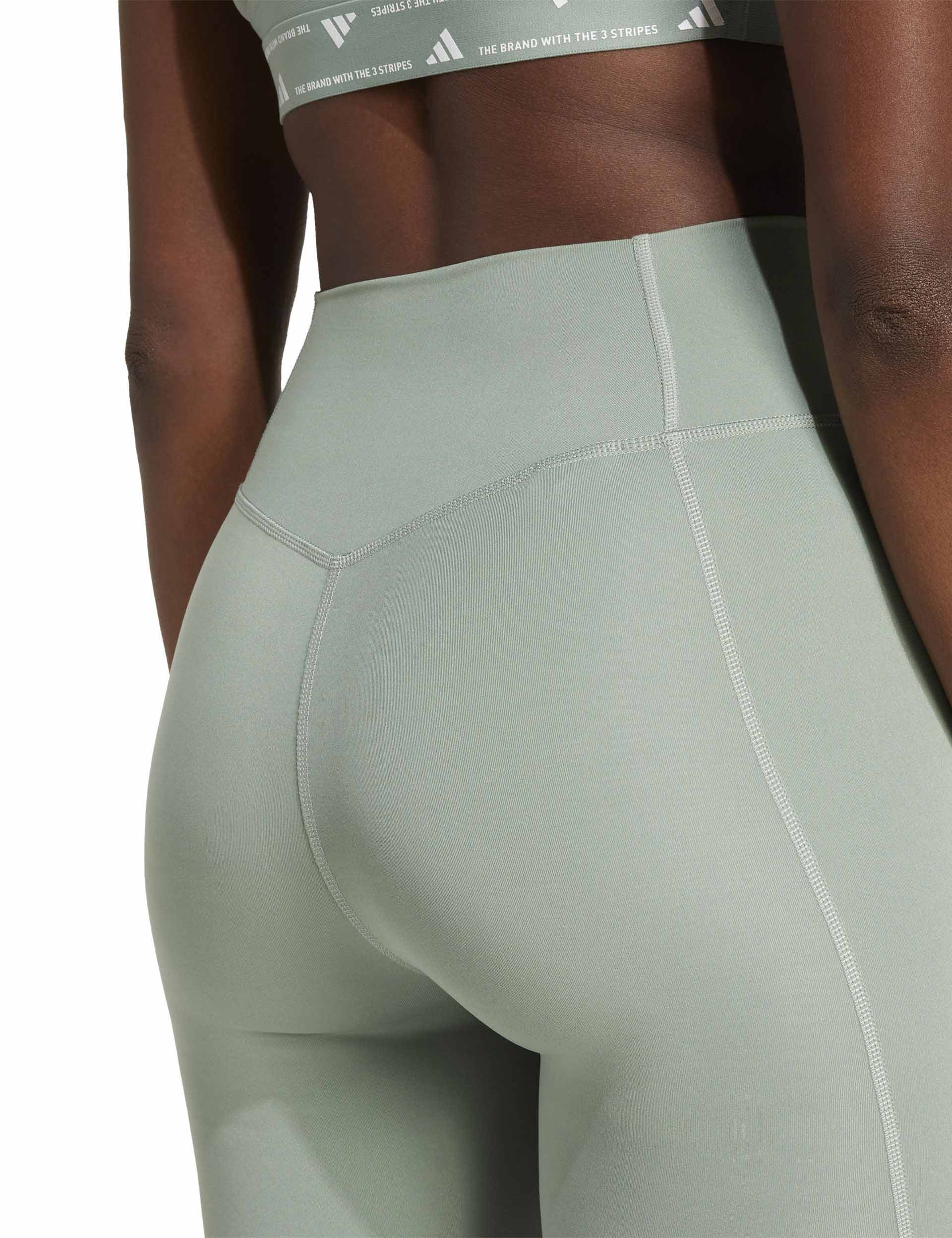Optime Essentials Stash Pocket 7 Inch Short Leggings for Women - Silver Green/White - Workout, Running, Yoga & Lounge Wear